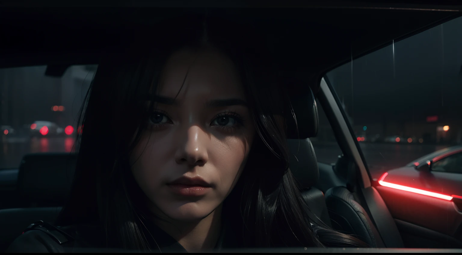 sad woman in a car during a rainy night, city lights, cyberpunk vibes, close up, dark ominous atmosphere, ultra detailed, photorealistic, cinematic.