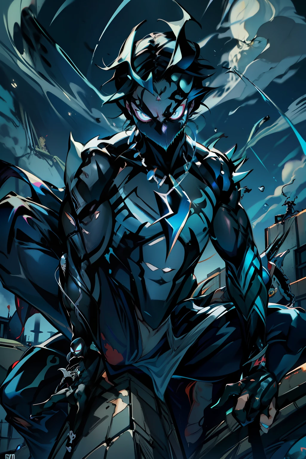 《the original god》Arataki Kazuto , male people, chest muscle, Sexy , Venom symbiote for your body, Black mucus of the body , into venom, venomize,Black bodysuit,(Cloak),Red cape,Abs,(Adult male)((Venom possession,venom symbiote)),over-Tortoise Man,Battle damage,((Masterpiece)), ((Best quality)), Ultra detailed,((illustration)), Dynamic Angle, Detailed light, (Delicate eyes), Floating, 1boy, Male focus, Head, Clothing, Yellow eyes, necklace, tattoo, (Forehead:0.8), (ahoge:0.8), jewelry, brunette color hair,apathy,Ray, chest muscle, Sexy , Venom symbiote for your body, Black mucus of the body , (into venom), Venom,frontage,Bust photo,White tight-fitting top,spiderman outfit,style of anime4 K, 4K anime wallpaper, Badass anime 8 K, 4 k comic wallpaper, young anime man, Anime boys, Anime wallpapers 4 k, Anime wallpaper 4K, High quality anime art style, Anime moe art style, Anime art wallpaper 8 K, Anime art wallpaper 4 K, RGB lighting,