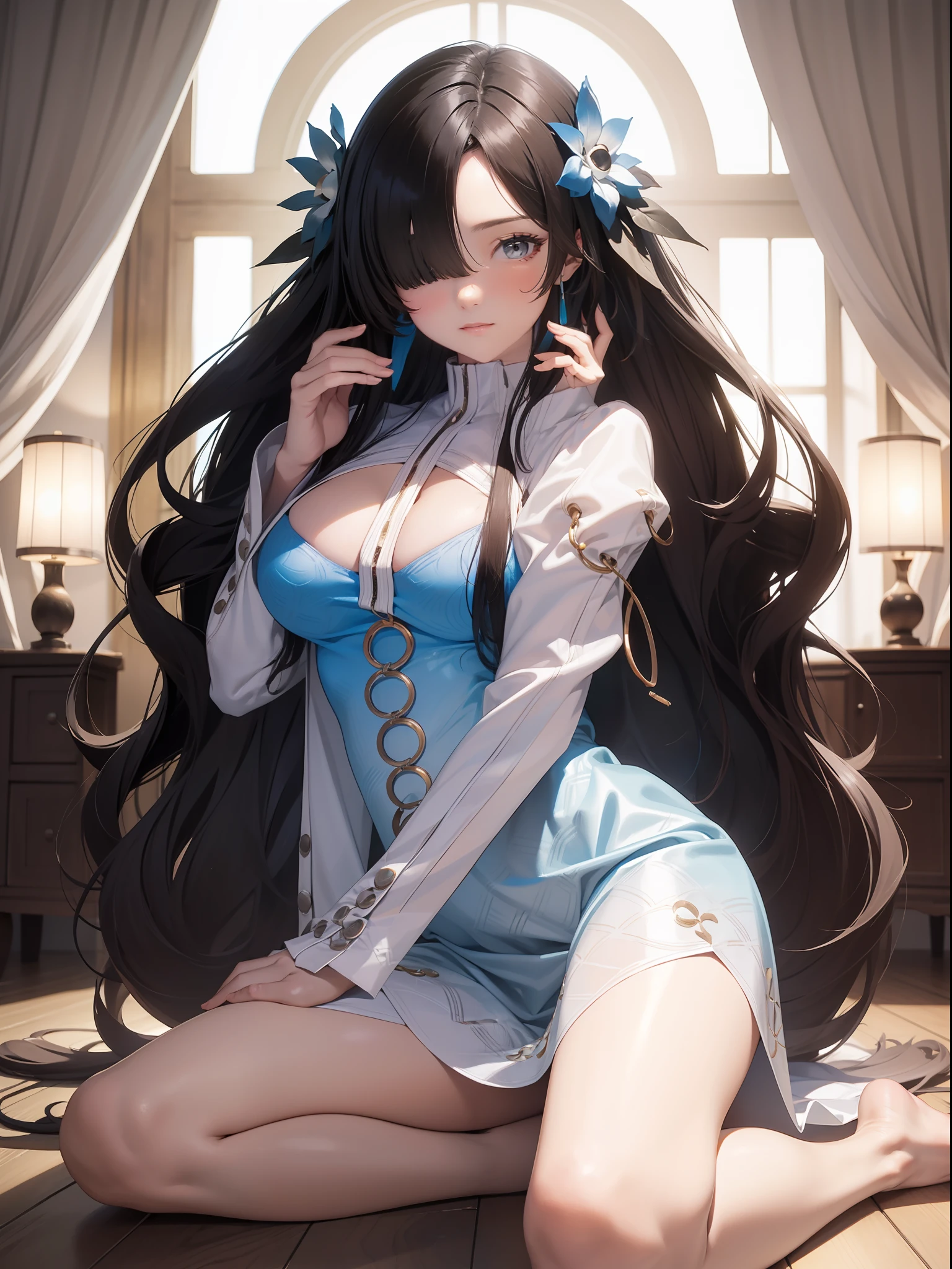 (Enrich the picture,Masterpiece level quality)Beautiful 8K CG artwork,Goddess-like posture,Kneeling exercise,Slim and soft,Translucent skin,Black hair、The beauty of extra-long hair, Super Long Straight Hair,The skin is fair and juicy,Underwear uniforms,Perspective Part 1.2x enhanced silhouette effect,Exquisite transparent blues pattern in pajamas,The details are intricate and exquisite,The background is slightly blurred,Charming and lustful leg seduction,Drool,Extra-large big breasts,Blush,Japan goddess,Perfect body slim curves,Chiffon dress,