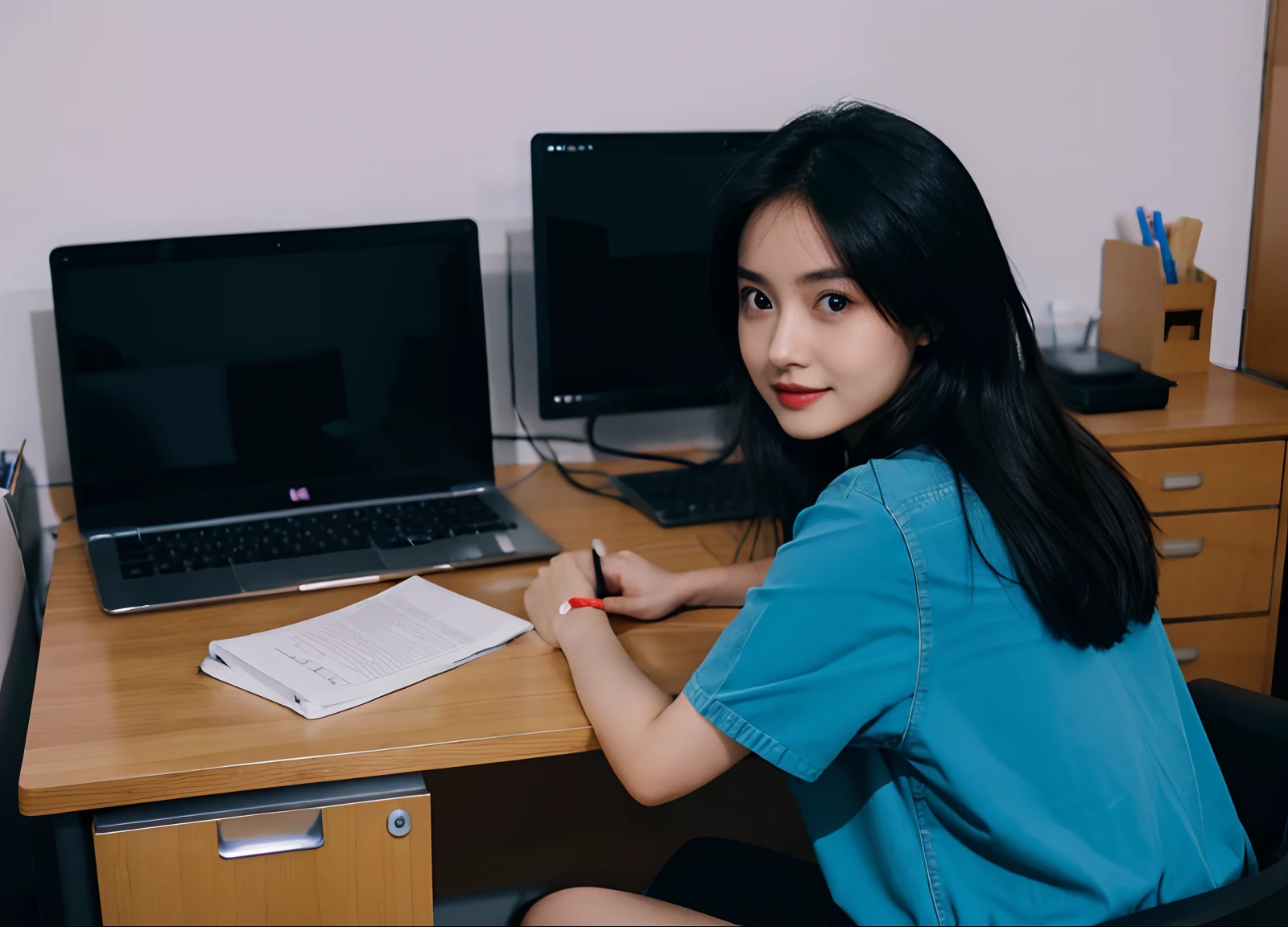 woman sitting at desk with laptop, in front of computer, sitting in front of computer, sitting in front of computer, sitting at computer desk, sitting at keyboard, working in office, sitting at desk, stunning pictures, sitting at the desk, looking at the screen, professional photos, ASIAN