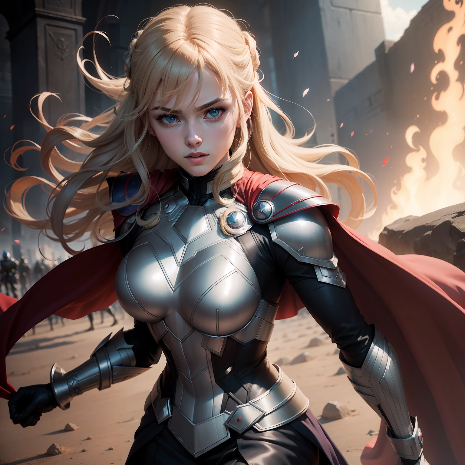 Anime de Rosamund pique com traje de batalha futurista estilo o da personagem hella de "Thor Ragnarok"
