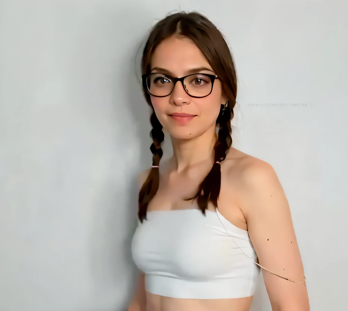 There's a woman with glasses and a white top posing for a photo, com rabo-de-porco preto, leve sorriso nerd, bonito ligeiramente nerd sorriso, Anna Nikonova aka Newmilky, nerdy appearance, With eye Glasses, with glasses on, nerd, dois penteados pigtails, usando um top cropped sexy, menina jovem e bonito, penteado pigtails, nerdy glasses, muito nerd