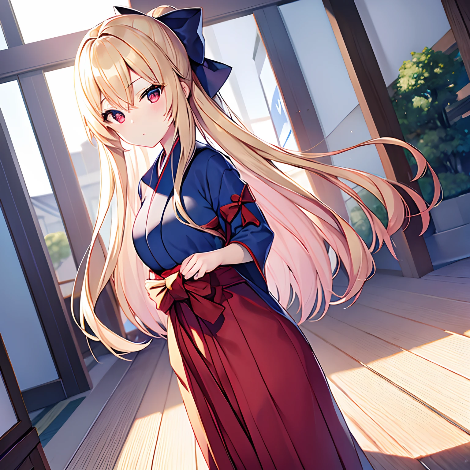 a blond、red eyes、Beautiful girl alone、独奏、animesque、Dark blue hakama、the bow