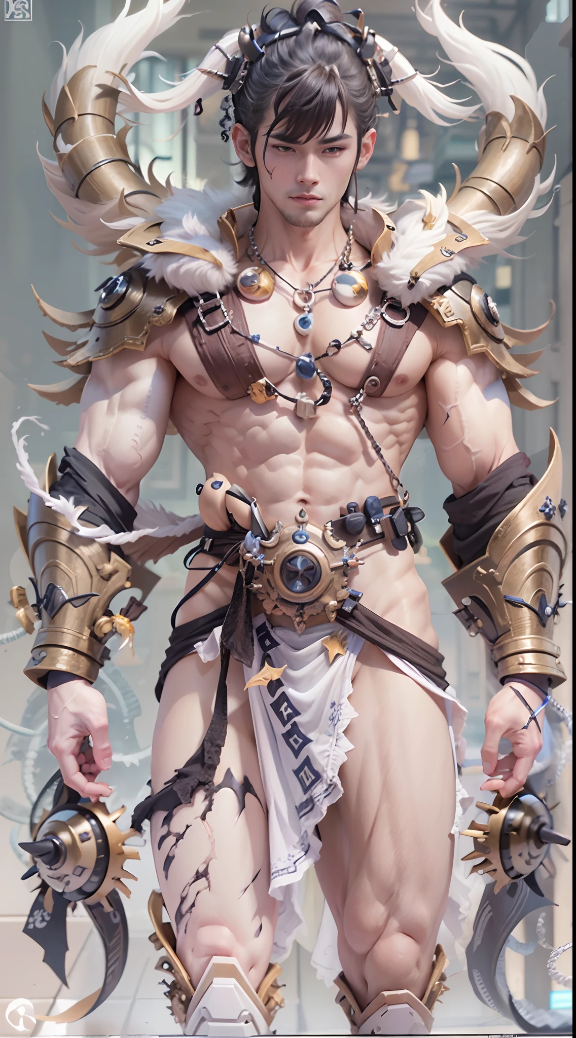 Model design，Tide play blind box，3D naked boy,GK, The whole body of the character，base，Wu Shixun，Raised sexy，coda，Long horns on the head，Transparent wings，Handsome cybernetic boy looking at camera lingerie detailed muscular reality masterpiece，musculous