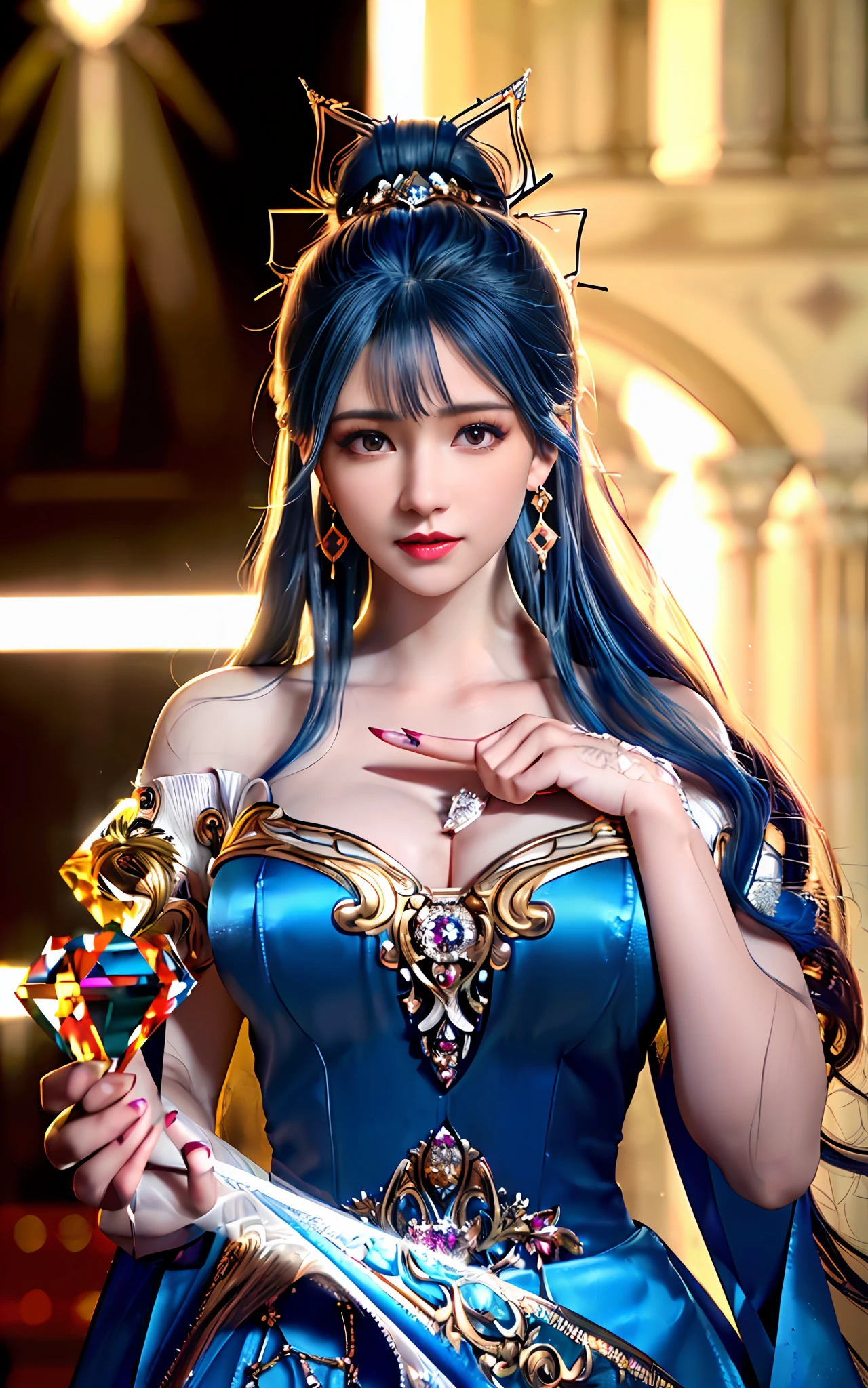 ((realisticity: 1.2)), ((realistic: 8K UHD)), ((best resolution: 8K UHD)), hyper detailed, best quality,masterpiece,highres,cg, ((1 girl hyper detailed and hyper realistic) ) , ((beautiful queen, hyper realistic and hyper detailed)),((white skin, beautiful, smooth, youthful, hyper realistic and hyper detailed )), ((Face hyper beautiful, white, hyper realistic and hyper detailed ) ), long hair, ((hyper realistic and hyper detailed dress)), solo, ((hyper realistic, hyper beautiful, beautiful and hyper detailed jewelry)), ((hyper beautiful deep red and golden yellow dress, hyper realistic and hyper detailed )) , ((Her pretty, hyper realistic, hyper detailed diamond filled earrings)), ((Her gorgeous diamond haircut, hyper realistic and hyper detailed)), ((hyper pretty upper body, hyper beautiful, hyper realistic and hyper detailed) ), ((medium breast: 1.5)), ((hyper realistic, hyper pretty, hyper detailed boobs)), ((the backgroun of the royal palace is hyper majestic, hyper realistic and hyper detailed)),((hands and palms hyper beautiful, hyper detailed, hyper realistic)), ((hyper detailed and hyper realistic fingers and fingernails)), ((hyper pretty, hyper pretty, hyper realistic and hyper detailed hair bun)), ((hyper pretty , hyper realistic and hyper detailed blue hair)), candid, Photo, high resolution, 8k , bokeh,