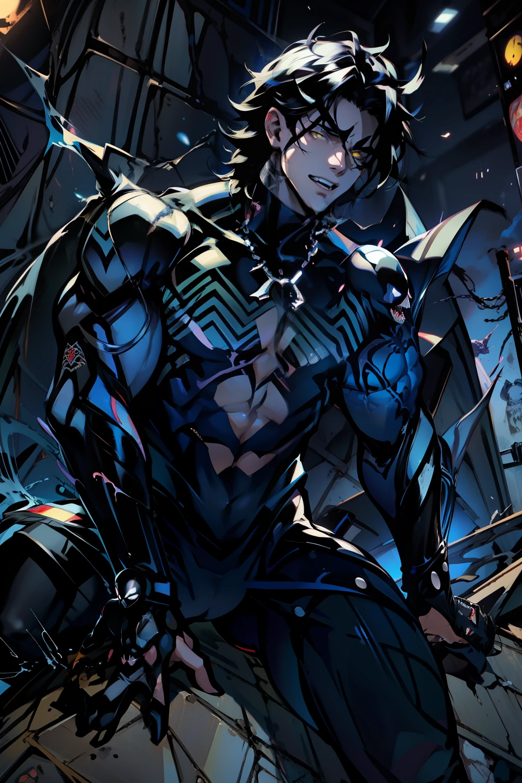 《the original god》Arataki Kazuto , male people, chest muscle, Sexy , Venom symbiote for your body, Black mucus of the body , into venom, venomize,Black bodysuit,(Cloak),Red cape,Abs,(Adult male)((Venom possession,venom symbiote)),over-Tortoise Man,Battle damage,((Masterpiece)), ((Best quality)), Ultra detailed,((illustration)), Dynamic Angle, Detailed light, (Delicate eyes), Floating, 1boy, Male focus, Head, Clothing, Yellow eyes, necklace, tattoo, (Forehead:0.8), (ahoge:0.8), jewelry, brunette color hair,apathy,Ray, chest muscle, Sexy , Venom symbiote for your body, Black mucus of the body , (into venom), Venom,frontage,Bust photo,White tight-fitting top,spiderman outfit,style of anime4 K, 4K anime wallpaper, Badass anime 8 K, 4 k comic wallpaper, young anime man, Anime boys, Anime wallpapers 4 k, Anime wallpaper 4K, High quality anime art style, Anime moe art style, Anime art wallpaper 8 K, Anime art wallpaper 4 K, RGB lighting,