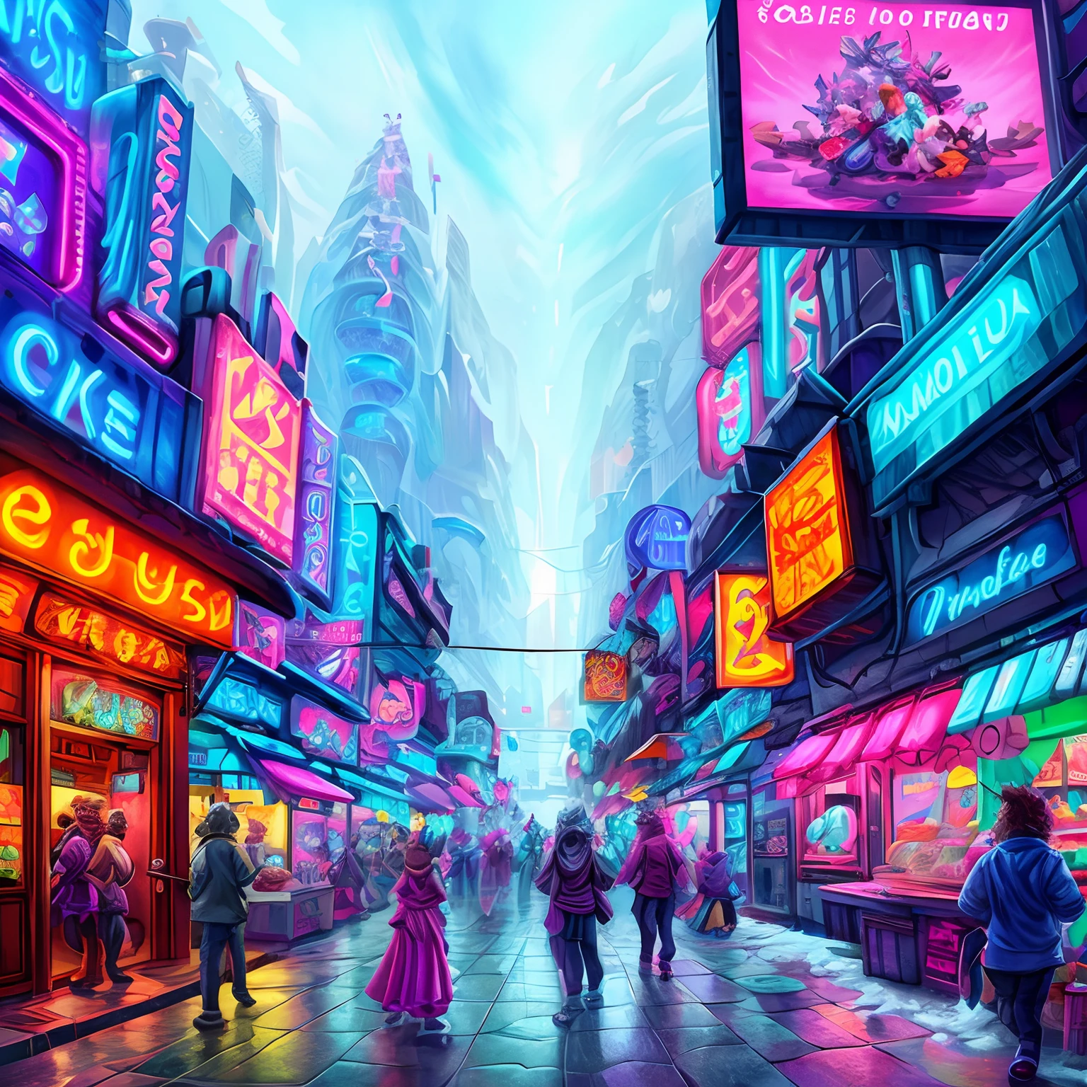 A cyberpunk market street bustling with people,
Kiosk sign , many street vendors,
The billboard is bright red, shining with light,
A neon sign above the billboard writing "Misux Ice City",
Several patterns on the billboard, including a cone-shaped ice cream image,
People rushing on the street, stopping to stare at the billboard in awe,
A futuristic and technological atmosphere mixed with a sense of familiarity and warmth,