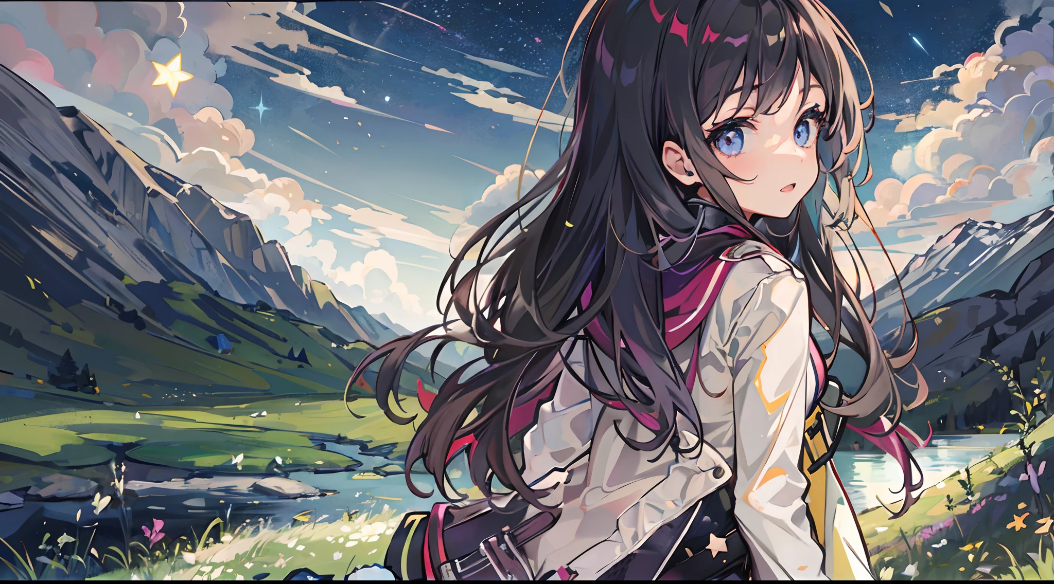 teens girl,wind coat,Superbly detailed eyes,black colored leggings,Outdoor boots,black long straight hair,Foothills,Meadow,rios,nigh sky,stars,Detailed background,Angled perspective