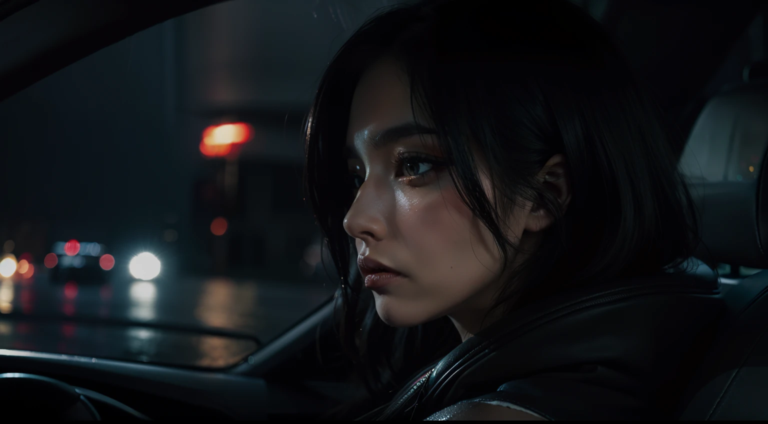 sad woman in a car during a rainy night, city lights, cyberpunk vibes, close up, dark ominous atmosphere, ultra detailed, photorealistic, cinematic.