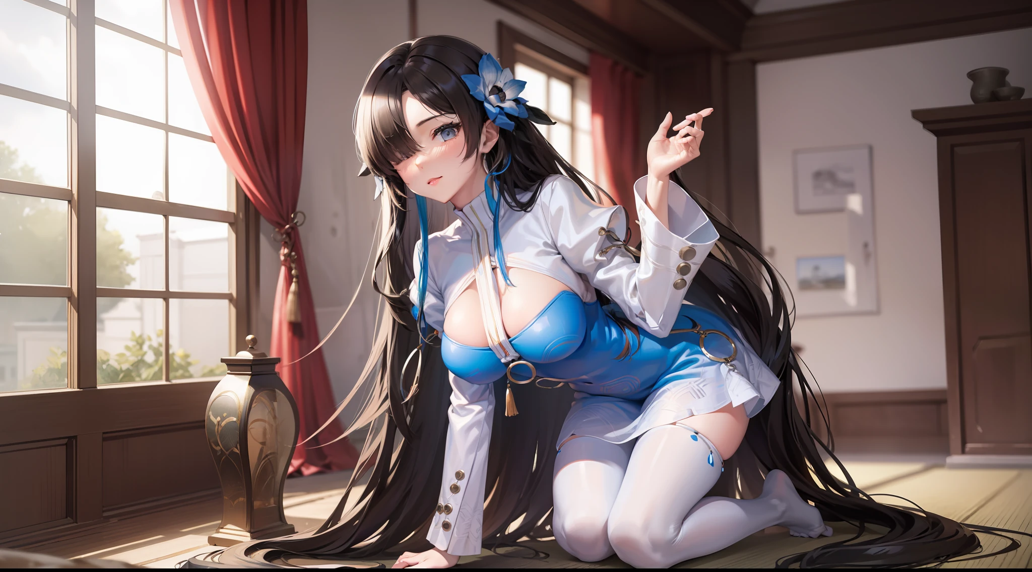 (Enrich the picture,Masterpiece level quality)Beautiful 8K CG artwork,Goddess-like posture,Kneeling exercise,Slim and soft,Translucent skin,Black hair、The beauty of extra-long hair, Super Long Straight Hair,The skin is fair and juicy,Underwear uniforms,Perspective Part 1.2x enhanced silhouette effect,Exquisite transparent blues pattern in pajamas,The details are intricate and exquisite,The background is slightly blurred,Charming and lustful leg seduction,Drool,Extra-large big breasts,Blush,Japan goddess,Perfect body slim curves,Chiffon dress,