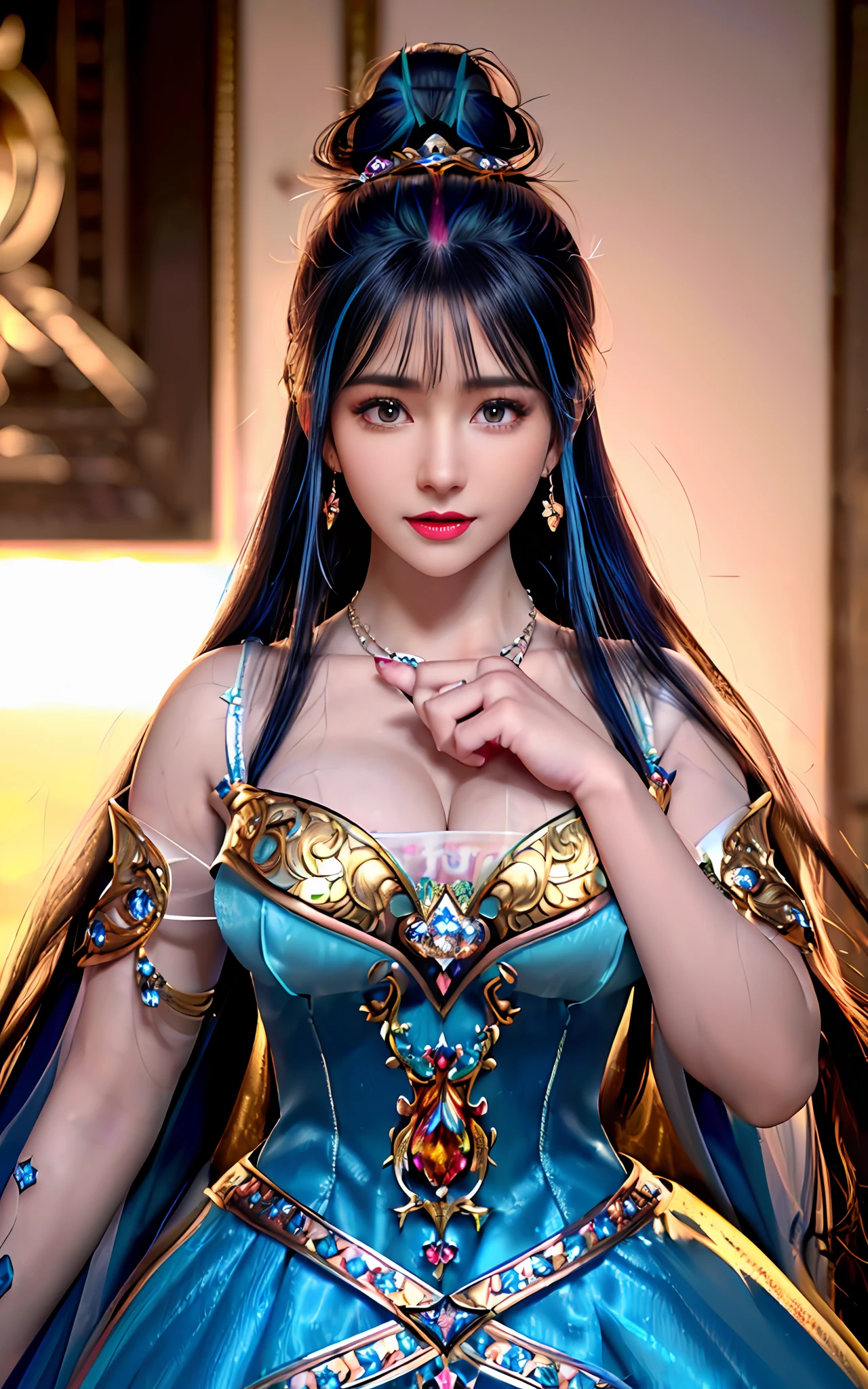 ((realisticity: 1.2)), ((realistic: 8K UHD)), ((best resolution: 8K UHD)), hyper detailed, best quality,masterpiece,highres,cg, ((1 girl hyper detailed and hyper realistic) ) , ((beautiful queen, hyper realistic and hyper detailed)),((white skin, beautiful, smooth, youthful, hyper realistic and hyper detailed )), ((Face hyper beautiful, white, hyper realistic and hyper detailed ) ), long hair, ((hyper realistic and hyper detailed dress)), solo, ((hyper realistic, hyper beautiful, beautiful and hyper detailed jewelry)), ((hyper beautiful deep red and golden yellow dress, hyper realistic and hyper detailed )) , ((Her pretty, hyper realistic, hyper detailed diamond filled earrings)), ((Her gorgeous diamond haircut, hyper realistic and hyper detailed)), ((hyper pretty upper body, hyper beautiful, hyper realistic and hyper detailed) ), ((medium breast: 1.5)), ((hyper realistic, hyper pretty, hyper detailed boobs)), ((the backgroun of the royal palace is hyper majestic, hyper realistic and hyper detailed)),((hands and palms hyper beautiful, hyper detailed, hyper realistic)), ((hyper detailed and hyper realistic fingers and fingernails)), ((hyper pretty, hyper pretty, hyper realistic and hyper detailed hair bun)), ((hyper pretty , hyper realistic and hyper detailed blue hair)), candid, Photo, high resolution, 8k , bokeh,
