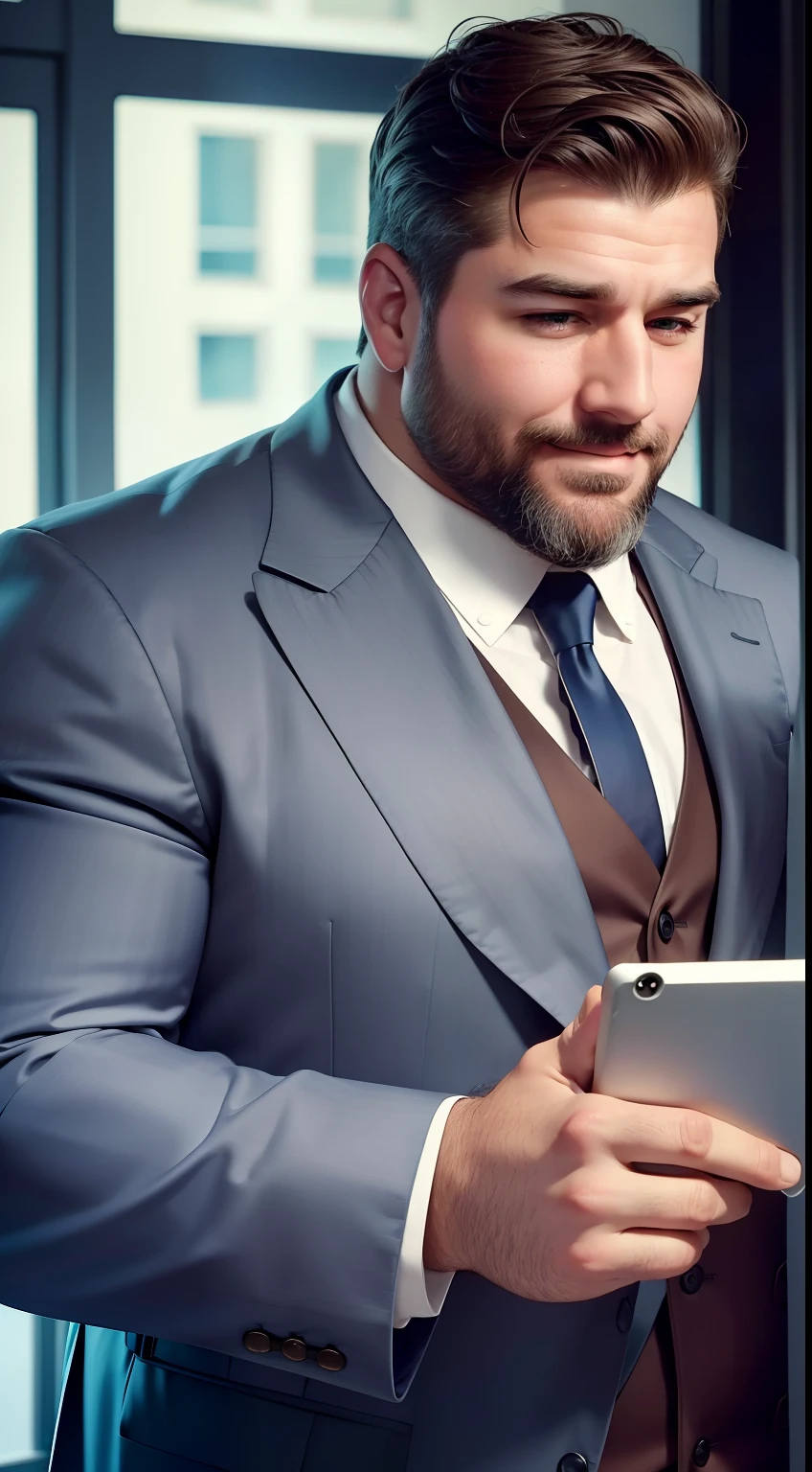 epic realistic，photore，1 Handsome uncle，Short hair，Beard，Chubby figure，large pecs，Wear a professional suit，holding laptop，Enchanted smile，mature，tmasterpiece