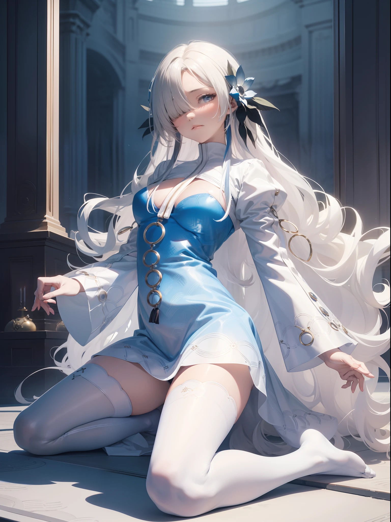 (Enrich the picture,Masterpiece level quality)Beautiful 8K CG artwork,Goddess-like posture,Kneeling exercise,Slim and soft,Translucent skin,White hair、The beauty of extra-long hair, Super Long Straight Hair,The skin is fair and juicy,Underwear uniforms,Perspective Part 1.2x enhanced silhouette effect,Exquisite transparent blues pattern in pajamas,The details are intricate and exquisite,The background is slightly blurred,Charming and lustful leg seduction,Drool,Extra-large big breasts,Blush,Japan goddess,Perfect body slim curves,Chiffon dress,