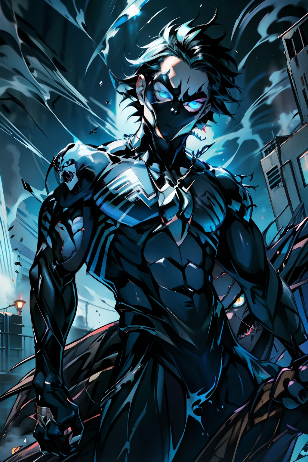 《the original god》Arataki Kazuto , male people， chest muscle， Sexy , Venom symbiote for your body, Black mucus of the body , into venom, venomize，Black bodysuit，（Cloak），Red cape，Abs，（Adult male）（（Venom possession，venom symbiote）），over-Tortoise Man，Battle damage，((Masterpiece)), ((Best quality)), Ultra detailed,((illustration)), Dynamic Angle, Detailed light, (Delicate eyes), Floating, 1boy, Male focus, Head, Clothing, Yellow eyes, necklace, tattoo, (Forehead:0.8), (ahoge:0.8), jewelry, brunette color hair,apathy，Ray， chest muscle， Sexy , Venom symbiote for your body, Black mucus of the body , （into venom）, Venom，frontage，Bust photo，White tight-fitting top，spiderman outfit，style of anime4 K， 4K anime wallpaper， Badass anime 8 K， 4 k comic wallpaper， young anime man， Anime boys， Anime wallpapers 4 k， Anime wallpaper 4K， High quality anime art style， Anime moe art style， Anime art wallpaper 8 K， Anime art wallpaper 4 K， RGB lighting，