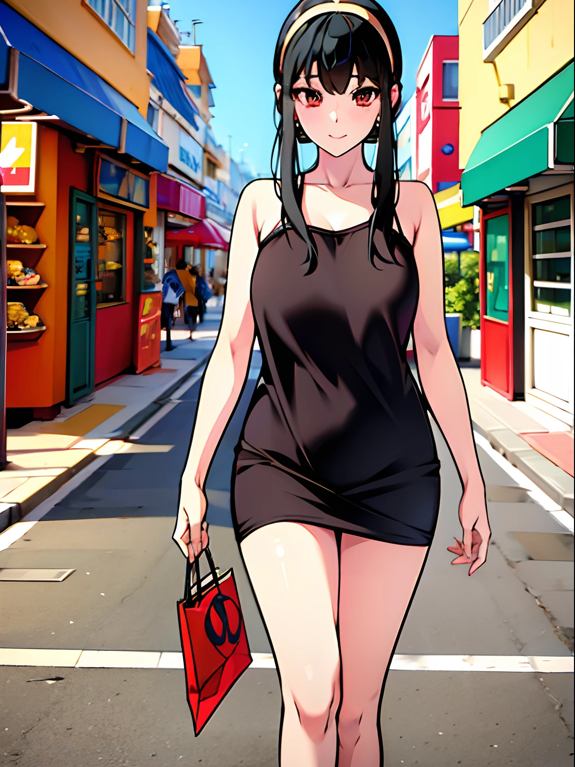 "1girl in casual attire walking down a vibrant shopping street, making eye contact with the viewer, exuding beauty."