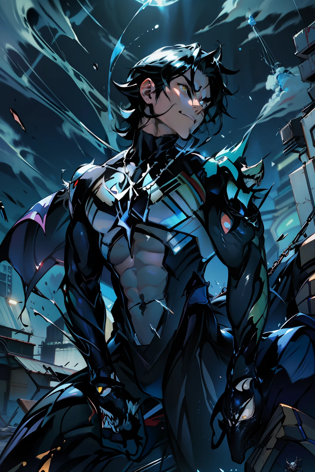 《the original god》Arataki Kazuto , male people, chest muscle, Sexy , Venom symbiote for your body, Black mucus of the body , into venom, venomize,Black bodysuit,(Cloak),Red cape,Abs,(Adult male)((Venom possession,venom symbiote)),over-Tortoise Man,Battle damage,((Masterpiece)), ((Best quality)), Ultra detailed,((illustration)), Dynamic Angle, Detailed light, (Delicate eyes), Floating, 1boy, Male focus, Head, Clothing, Yellow eyes, necklace, tattoo, (Forehead:0.8), (ahoge:0.8), jewelry, brunette color hair,apathy,Ray, chest muscle, Sexy , Venom symbiote for your body, Black mucus of the body , (into venom), Venom,frontage,Bust photo,White tight-fitting top,spiderman outfit,style of anime4 K, 4K anime wallpaper, Badass anime 8 K, 4 k comic wallpaper, young anime man, Anime boys, Anime wallpapers 4 k, Anime wallpaper 4K, High quality anime art style, Anime moe art style, Anime art wallpaper 8 K, Anime art wallpaper 4 K, RGB lighting,
