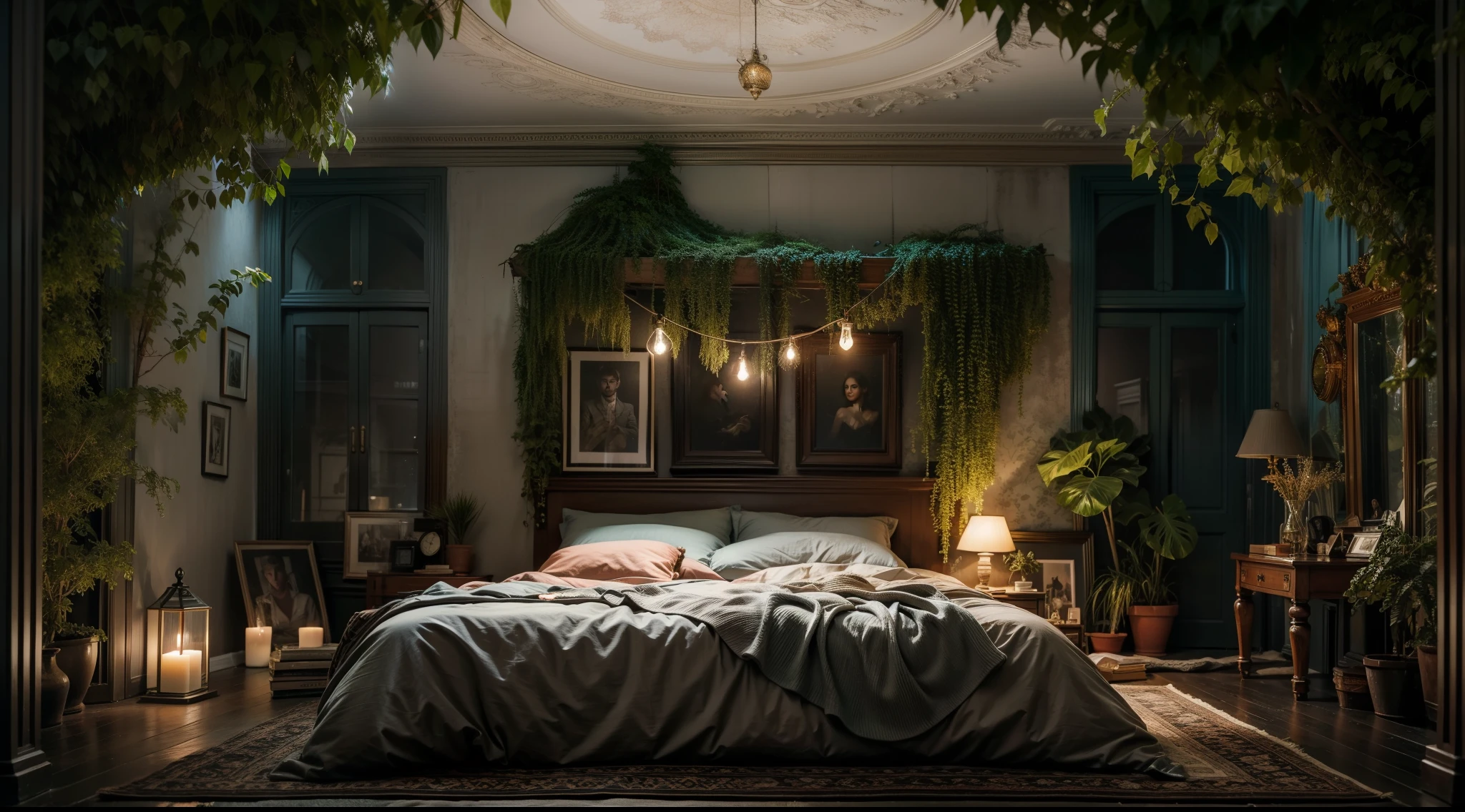 Night in the dim jungle、Mysterious house covered in ivy、King-size bed in bedroom、Nature-inspired interiors、Earth-toned bedding、Candles relax、Fantastical、Very realistic, photograph, Super Detail, high details, High quality, in 8K