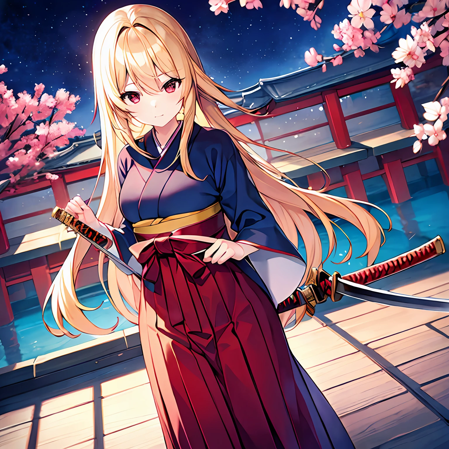 a blond、red eyes、Beautiful girl alone、独奏、animesque、Dark blue hakama、Japanese Katana Sword