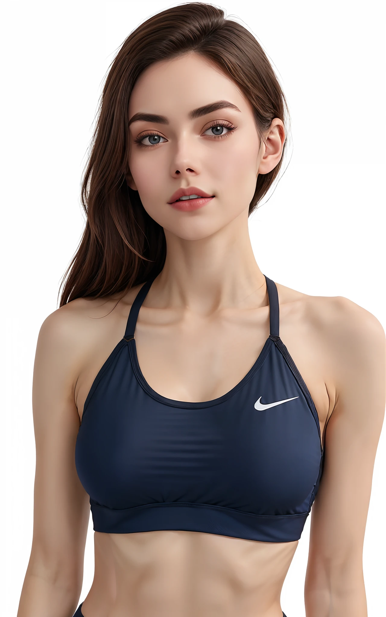 A closeup of a gorgeous woman in a gray sports bra top, sports bra, Esporte bom, brassier, sport bra and shirt, detailed sports bra, sport bra and shorts, roupas esportivas, Bralette, roupas esportivas, two piece workout clothes, tight push up bra, camisa Nike, sport bra and dark blue shorts, roupas esportivas fofas, in a bra