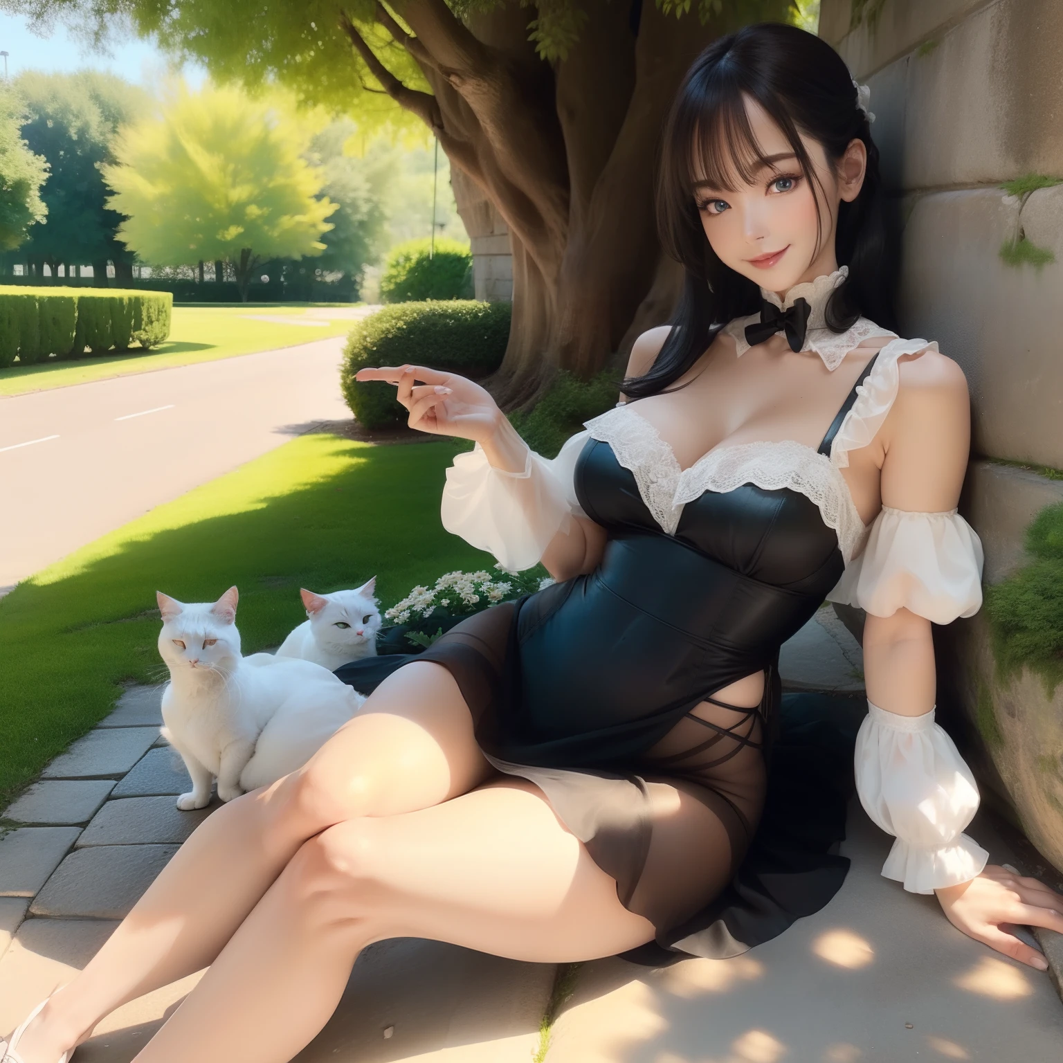 sitting at the edge of a cliff，Dangling long legs，Hand high，Black panties peek out between the legs，The beauty laughed heartily，I don't care about my own gone，The shade of the trees next to her was just right for shade for her，She wears a white wrinkled dress，The collar is not high，Just exposed cleavage，The big breasts form a beautiful curve，She didn't wear shoes on her feet，The beautiful toes are also displayed in front of the eyes, which is eye-catching，She has a small hairpin pinned to her black hair to look cute，Although sweat wet his chest，Big breasts loom，A few white geese flew in the sky，There is a white English shorthair cat next to the tree, lying there very pleasantly，The cat's eyes are blue，tmasterpiece，