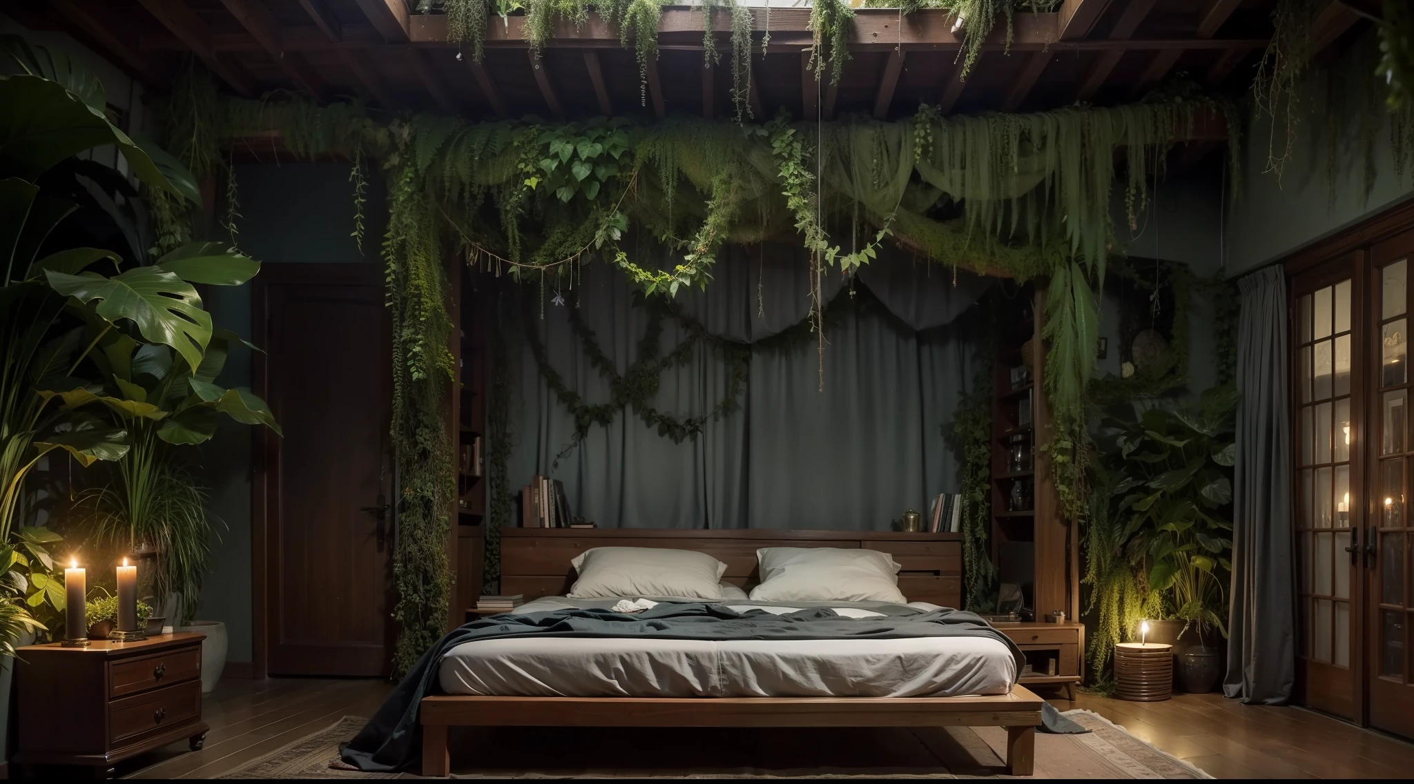 Night in the dim jungle、Mysterious house covered in ivy、King-size bed in bedroom、Nature-inspired interiors、Earth-toned bedding、Candles relax、Fantastical、Very realistic, photograph, Super Detail, high details, High quality, in 8K