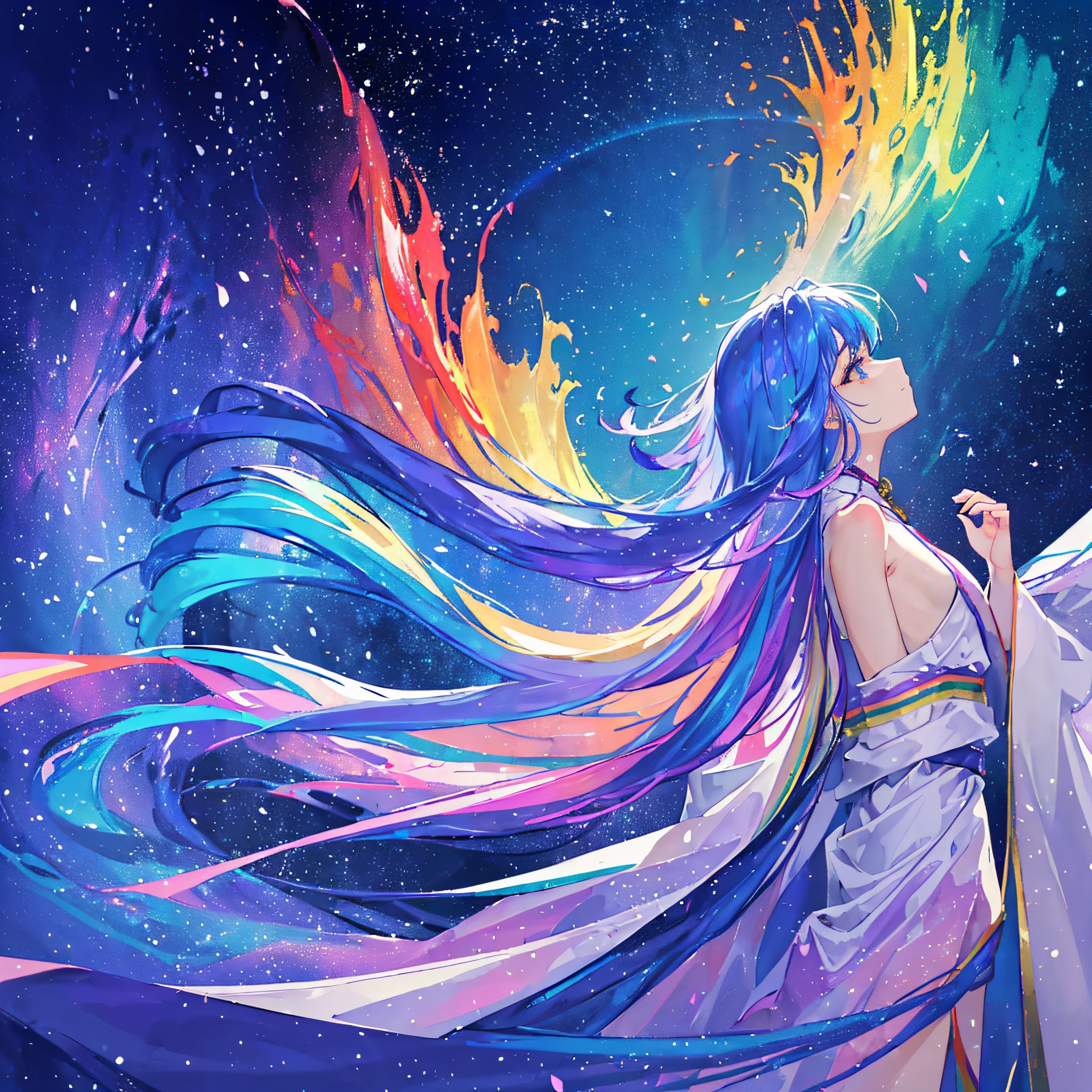 ((masterpiece、top-quality、ultra-definition、hight resolution))、独奏、a beauty girl、rainbow、、White muscle、Long iridescent hair、Naked robes in 7 colors、total solar eclipse、Sorcerer、Say a Prayer、Exposing the armpits、Chest does not move、Turn your back、profile