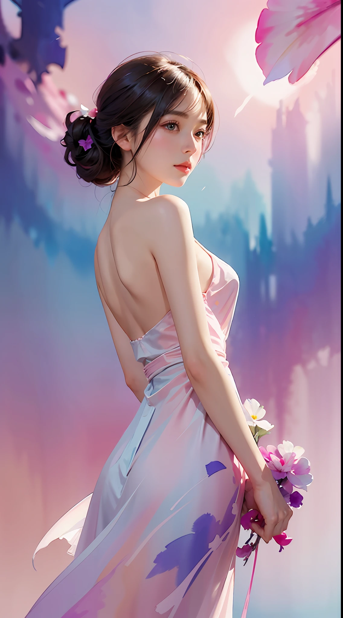 1girl,flower, Lisianthus ,in the style of light pink and light azure, dreamy and romantic compositions, pale pink, ethereal foliage, playful arrangements,fantasy, high contrast, ink strokes, explosions, over exposure, purple and red tone impression , abstract, ((watercolor painting by John Berkey and Jeremy Mann )) brush strokes, negative space,