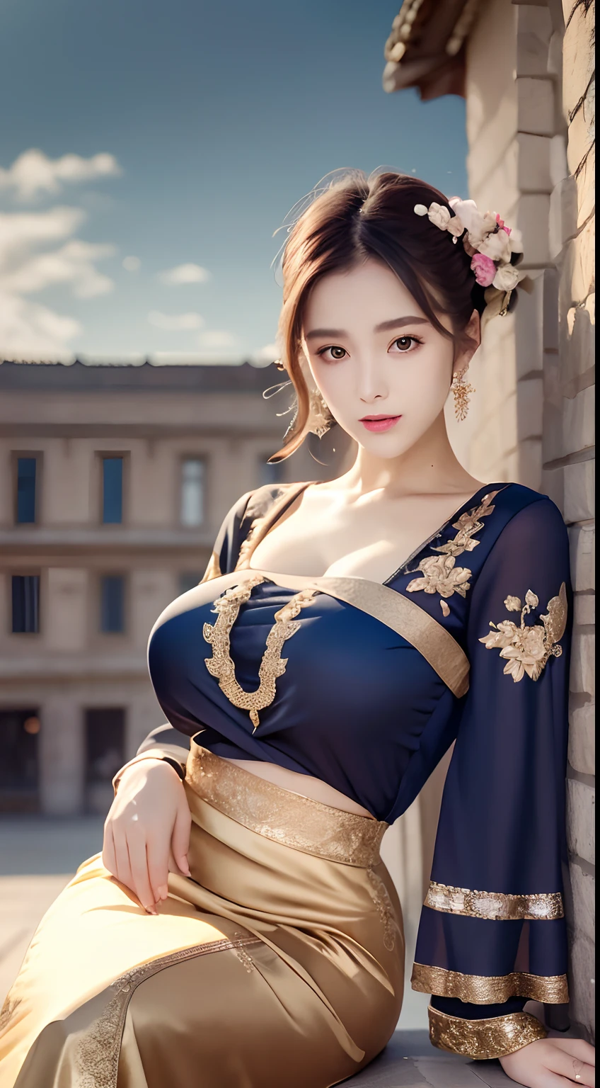 Top quality, lots of details, antique bandeau dress, artistic, beautiful, elegant, slender eyebrows, clear eyes, rosy lips, soft skin, satin long-sleeved blouse, with gold edge, antique long-sleeved dress, fuqin posture, waiting posture, palatial palace, azure sky, quiet courtyard, full body close-up