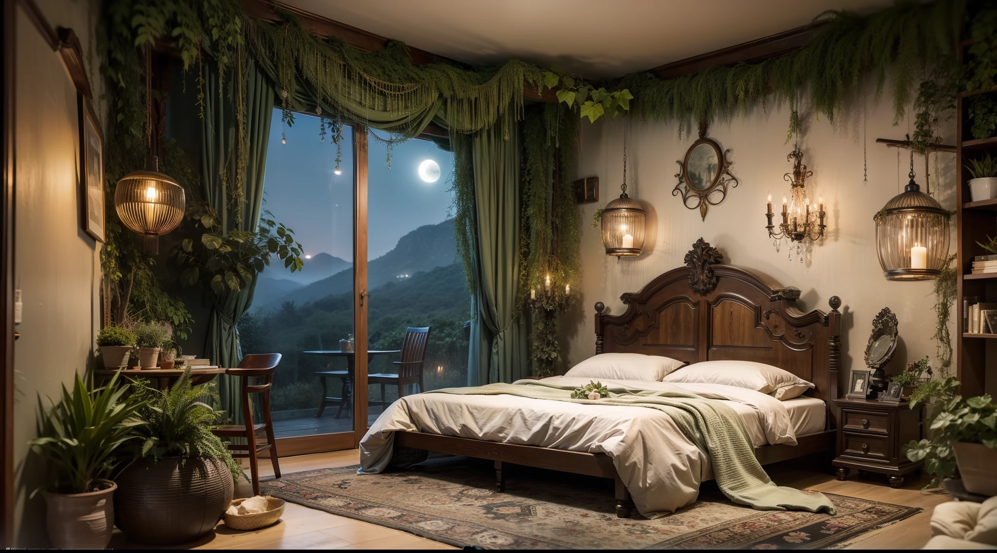 Night in the dim jungle、Mysterious house covered in ivy、King-size bed in bedroom、Nature-inspired interiors、Earth-toned bedding、Candles relax、Fantastical、Very realistic, photograph, Super Detail, high details, High quality, in 8K
