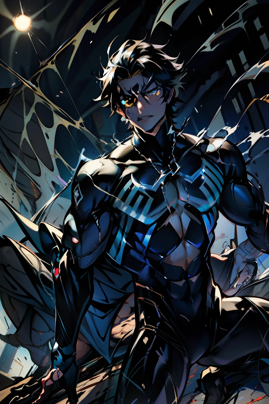 《the original god》Arataki Kazuto , male people, chest muscle, Sexy , Venom symbiote for your body, Black mucus of the body , into venom, venomize,Black bodysuit,(Cloak),Red cape,Abs,(Adult male)((Venom possession,venom symbiote)),over-Tortoise Man,Battle damage,((Masterpiece)), ((Best quality)), Ultra detailed,((illustration)), Dynamic Angle, Detailed light, (Delicate eyes), Floating, 1boy, Male focus, Head, Clothing, Yellow eyes, necklace, tattoo, (Forehead:0.8), (ahoge:0.8), jewelry, brunette color hair,apathy,Ray, chest muscle, Sexy , Venom symbiote for your body, Black mucus of the body , (into venom), Venom,frontage,Bust photo,White tight-fitting top,spiderman outfit,style of anime4 K, 4K anime wallpaper, Badass anime 8 K, 4 k comic wallpaper, young anime man, Anime boys, Anime wallpapers 4 k, Anime wallpaper 4K, High quality anime art style, Anime moe art style, Anime art wallpaper 8 K, Anime art wallpaper 4 K, RGB lighting,