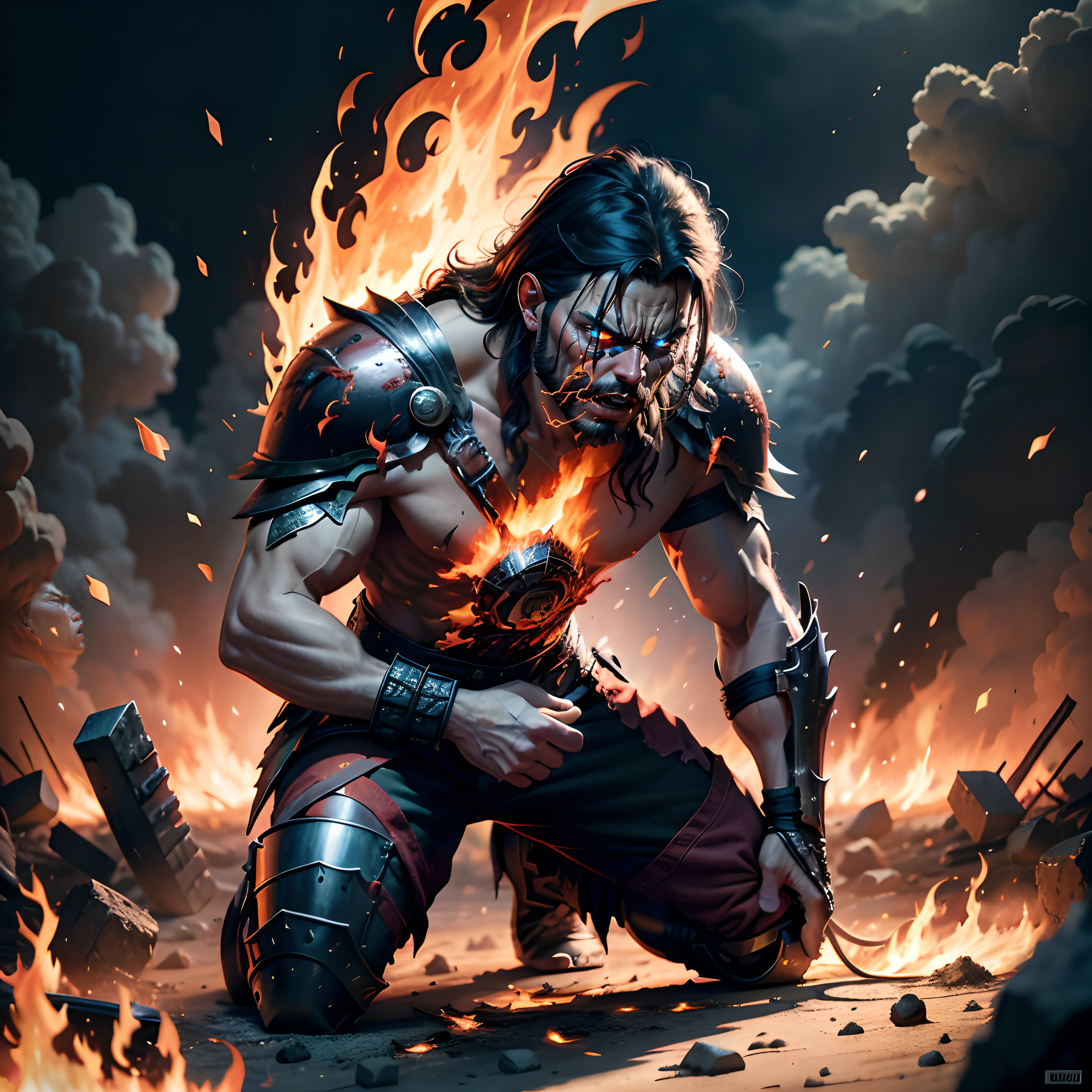 Fix face to show "Enraged warrior man kneeling in flames, dramatic lighting, chaos, destruction, emotional masterpiece, fantasy, and realism."