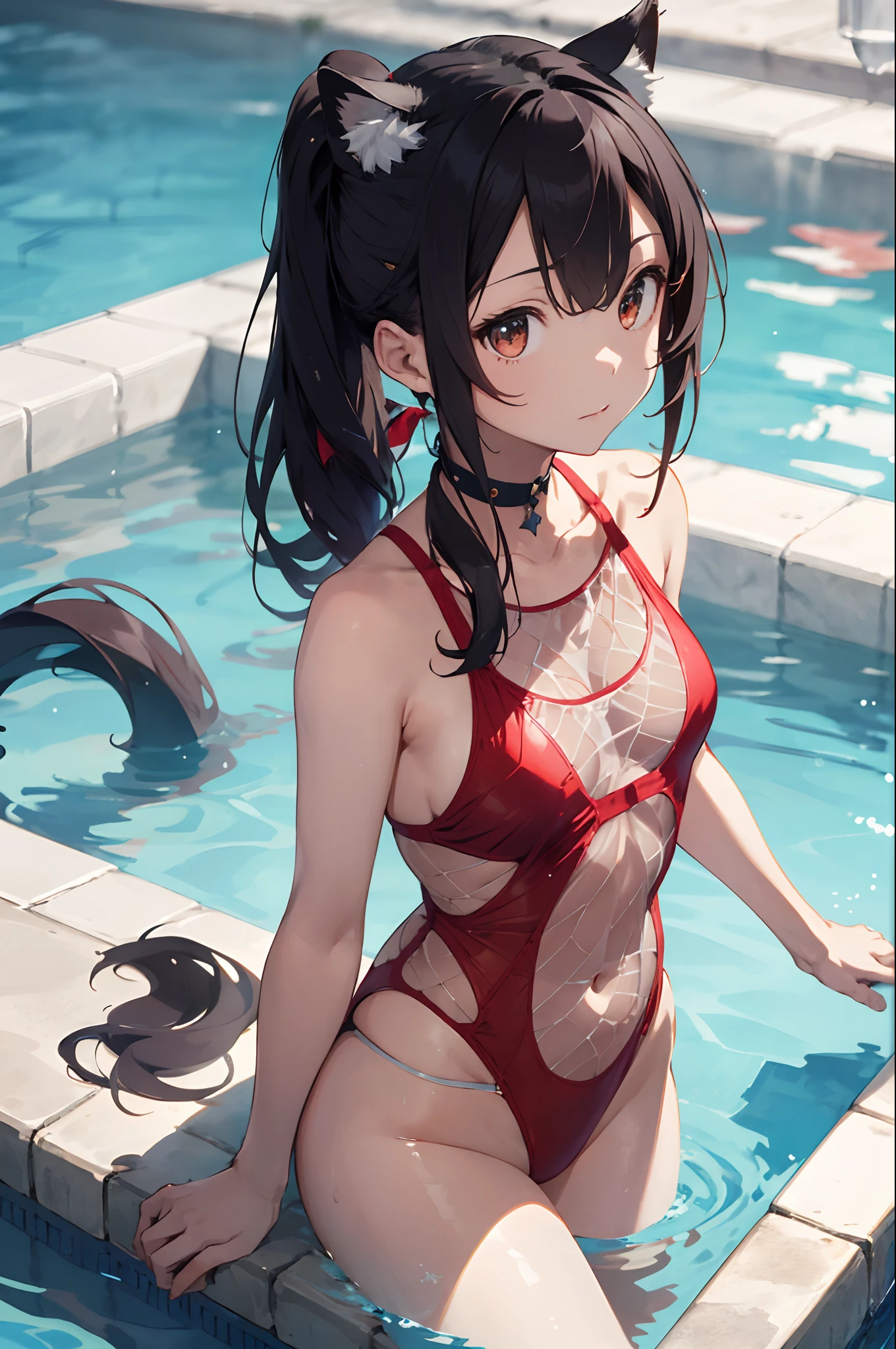 Beautiful fece, ​masterpiece, top-quality, hiqcgbody, animesque, 1girl in, Medium chest, The bikini, (transparent transparent red swimsuit), portrait shot, Look at viewers, Partially submerged, Outdoor pool, (silber hair),(Feline ears),poneyTail,wetted skin, intricate detailes,>,((coverd)