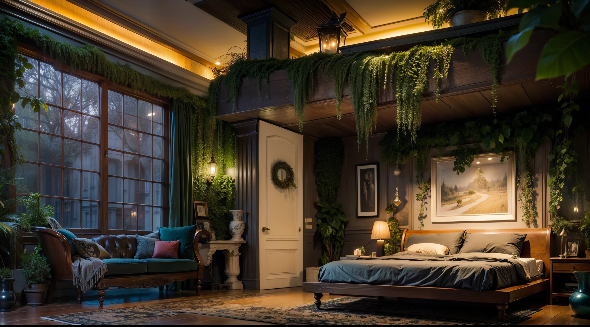 Night in the dim jungle、Mysterious house covered in ivy、Sofa at the end of the bedroom、Nature-inspired interiors、earth colors、Candles relax、Fantastical、Very realistic, photograph, Super Detail, high details, High quality, in 8K