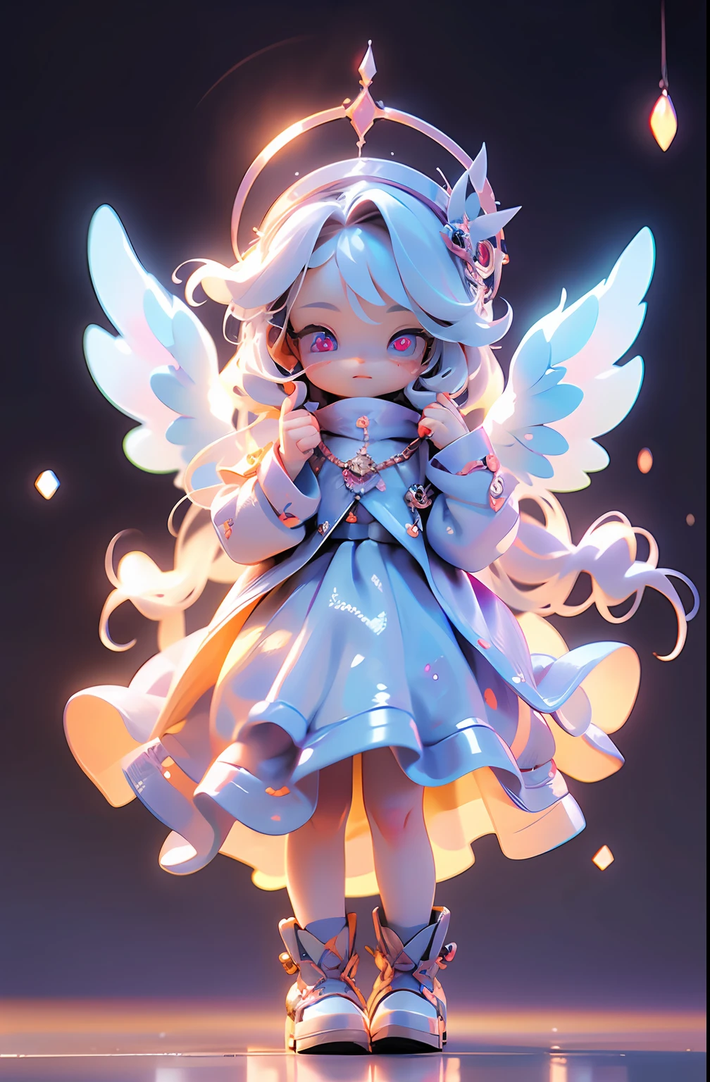 (Masterpiece: 1.4), (Best Quality: 1.4), (Chibi: 1.3), (Very Cute Angel Girl, Super Detailed Face, Jewel-like Eyes, White Very Long Hair, Colorful Gradient Hair: 1.4), (Angel Ring:
1.4), (Angel Wings: 1.4), (Full body, perfect 2 arms, perfect 2 legs: 1.4), Perfect 4 fingers: 1 thumb, light, shine, bokeh, super fine