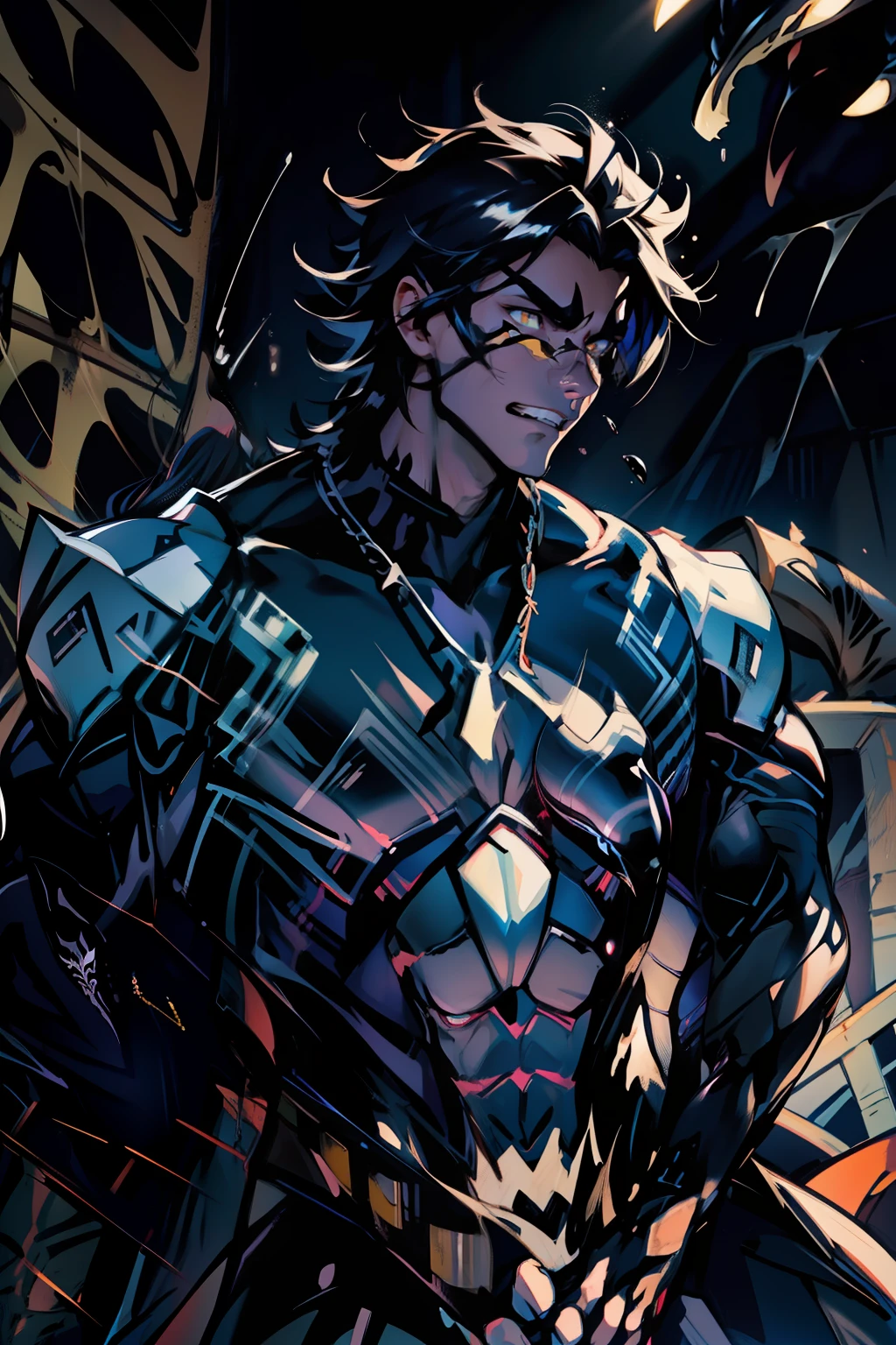 《the original god》Arataki Kazuto , male people, chest muscle, Sexy , Venom symbiote for your body, Black mucus of the body , into venom, venomize,Black bodysuit,(Cloak),Red cape,Abs,(Adult male)((Venom possession,venom symbiote)),over-Tortoise Man,Battle damage,((Masterpiece)), ((Best quality)), Ultra detailed,((illustration)), Dynamic Angle, Detailed light, (Delicate eyes), Floating, 1boy, Male focus, Head, Clothing, Yellow eyes, necklace, tattoo, (Forehead:0.8), (ahoge:0.8), jewelry, brunette color hair,apathy,Ray, chest muscle, Sexy , Venom symbiote for your body, Black mucus of the body , (into venom), Venom,frontage,Bust photo,White tight-fitting top,spiderman outfit,style of anime4 K, 4K anime wallpaper, Badass anime 8 K, 4 k comic wallpaper, young anime man, Anime boys, Anime wallpapers 4 k, Anime wallpaper 4K, High quality anime art style, Anime moe art style, Anime art wallpaper 8 K, Anime art wallpaper 4 K, RGB lighting,
