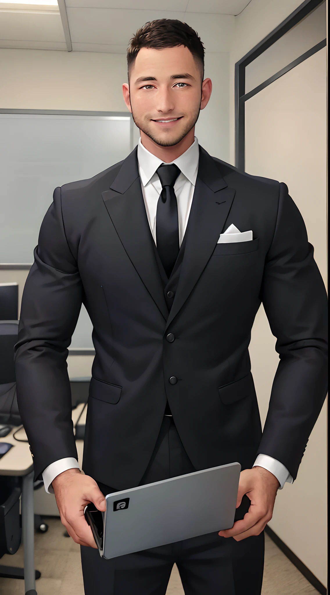 1 handsome uncle，Short hair，With a short beard，Chubby figure，large pecs，holding laptop，Enchanted smile，mature，in a office,Crew cut, In black suit, White tie, janelas,Cityscape,full bodyesbian, 36 years old male,[plump],[Chris Redfield],