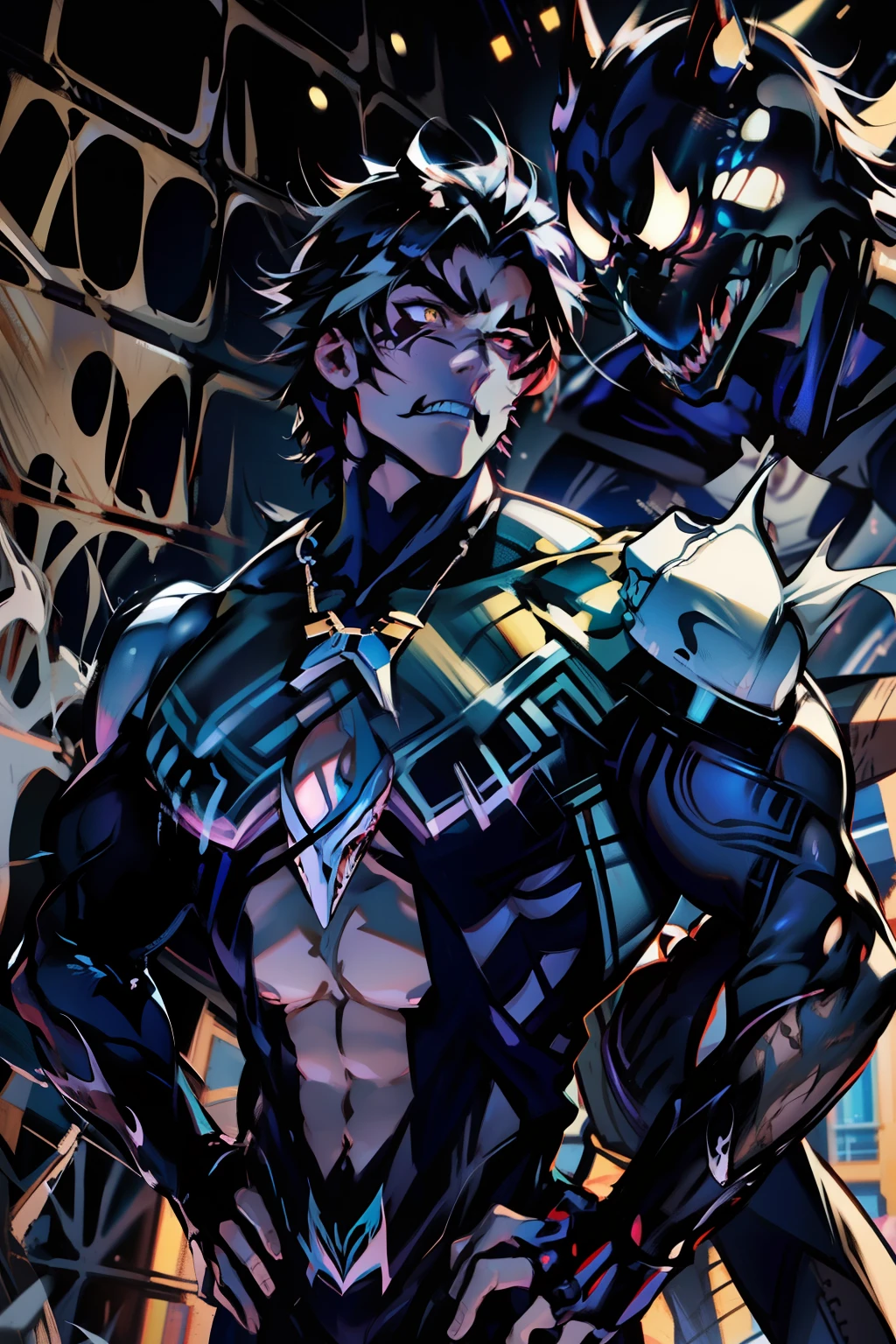 《the original god》Arataki Kazuto , male people， chest muscle， Sexy , Venom symbiote for your body, Black mucus of the body , into venom, venomize，Black bodysuit，（Cloak），Red cape，Abs，（Adult male）（（Venom possession，venom symbiote）），over-Tortoise Man，Battle damage，((Masterpiece)), ((Best quality)), Ultra detailed,((illustration)), Dynamic Angle, Detailed light, (Delicate eyes), Floating, 1boy, Male focus, Head, Clothing, Yellow eyes, necklace, tattoo, (Forehead:0.8), (ahoge:0.8), jewelry, brunette color hair,apathy，Ray， chest muscle， Sexy , Venom symbiote for your body, Black mucus of the body , （into venom）, Venom，frontage，Bust photo，White tight-fitting top，spiderman outfit，style of anime4 K， 4K anime wallpaper， Badass anime 8 K， 4 k comic wallpaper， young anime man， Anime boys， Anime wallpapers 4 k， Anime wallpaper 4K， High quality anime art style， Anime moe art style， Anime art wallpaper 8 K， Anime art wallpaper 4 K， RGB lighting，