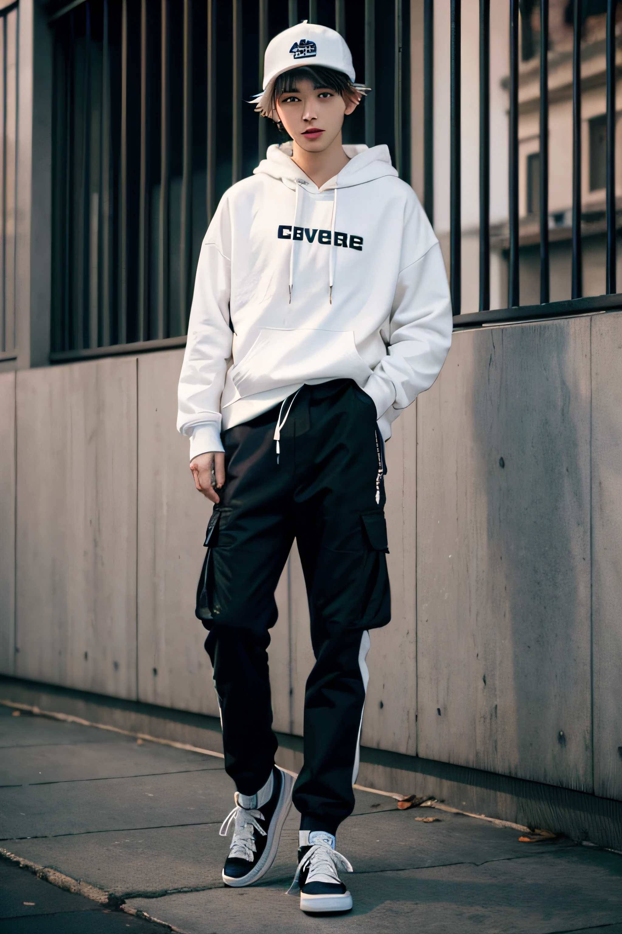 1boy, white hair, wearing hoodie, cargo pants, converse, hat