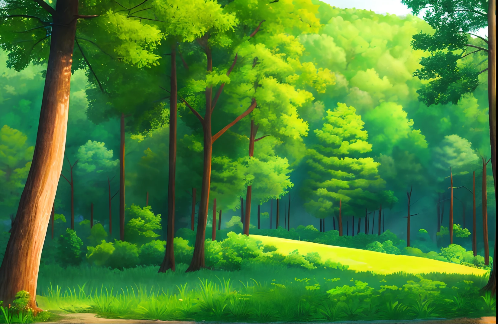 "picturesque forest landscape, vibrant green foliage"