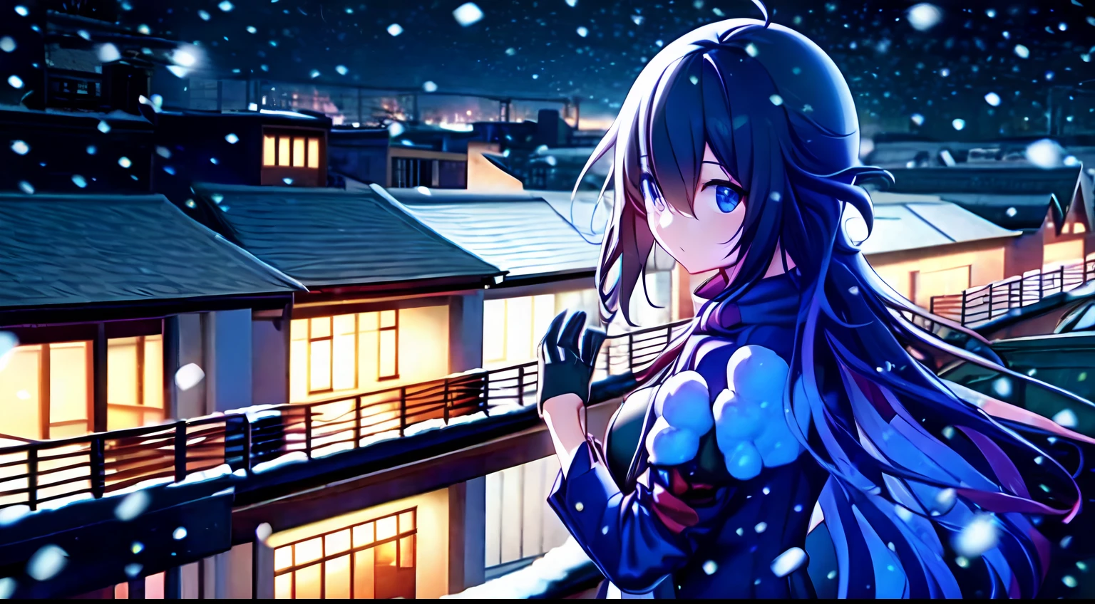 girls, jacket white and black, rooftop, facing the sky, night time, long hair, snowing, gloves