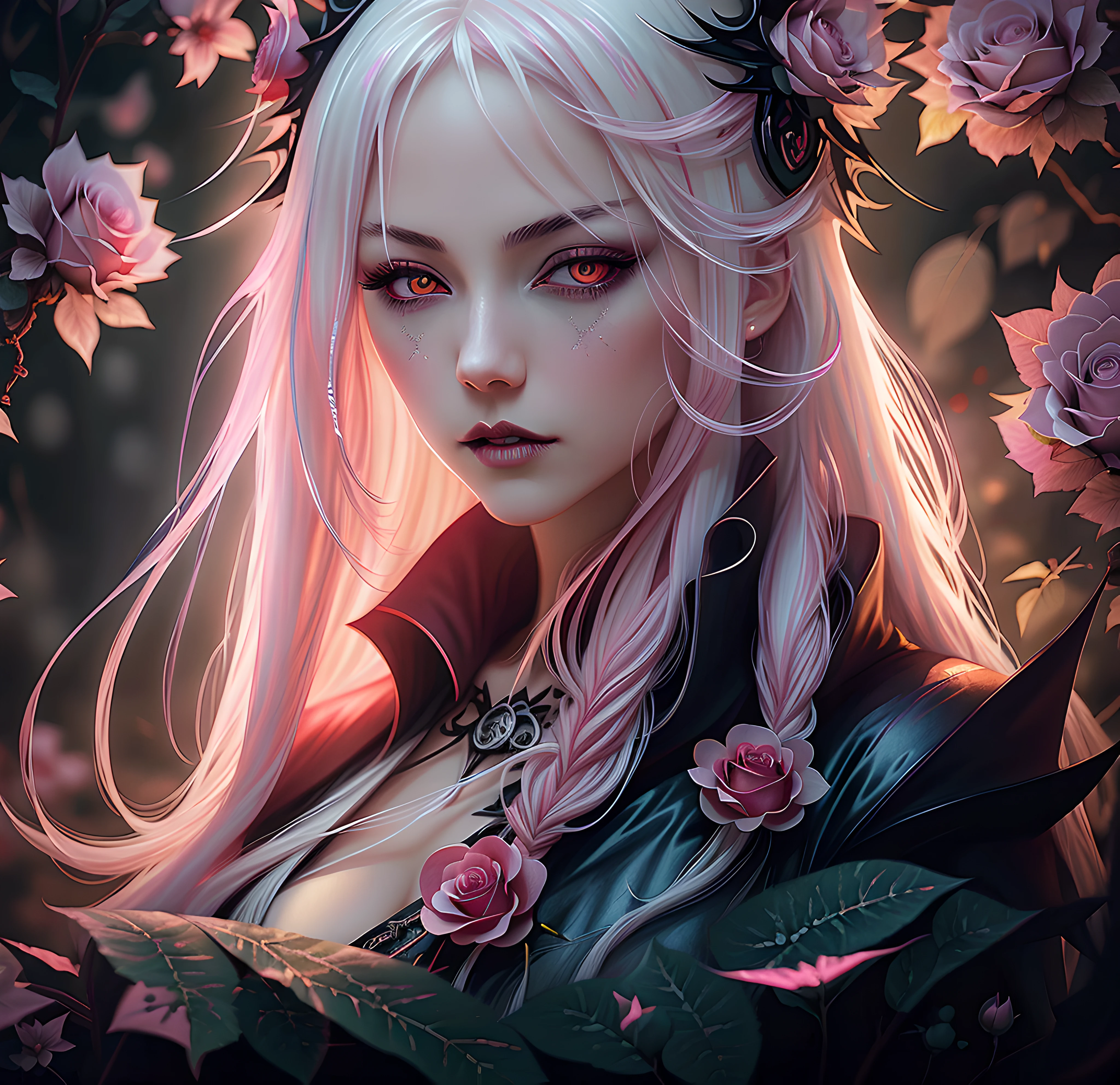 anime Vampire witch girl, long white hair, gothic style, roses in hair,dark black eyelashes ,glowing pink eyes, digital illustration, comic style, gothic renaissance, centered, approaching perfection, dynamic, highly detailed, watercolor painting, artstation, concept art, smooth, sharp focus, illustration, art by wlop and ross tran, pink and red tetradic colors