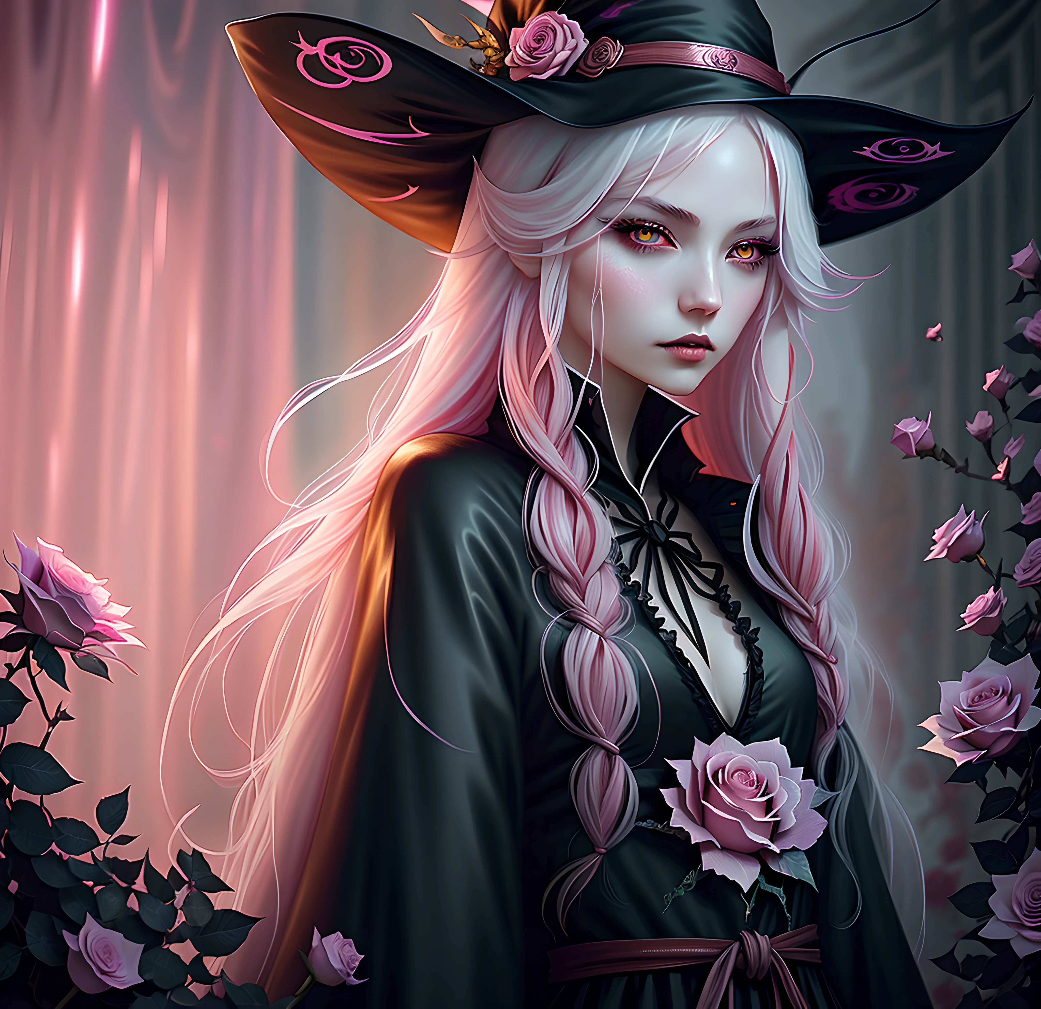 anime Vampire witch girl, long white hair, gothic style, roses in hair,dark black eyelashes ,glowing pink eyes, digital illustration, comic style, gothic renaissance, centered, approaching perfection, dynamic, highly detailed, watercolor painting, artstation, concept art, smooth, sharp focus, illustration, art by wlop and ross tran, pink and red tetradic colors