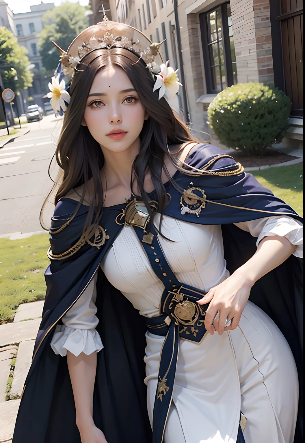 (realistic:1.1), (photorealistic:1.2), best quality, masterpiece, detailed background, detailed face, detailed skin texture, real shadows, realistic lighting, dramatic lighting, natural lighting,
BREAK
defRhea, headdress, hair flower, tiara, blue cape, long white dress