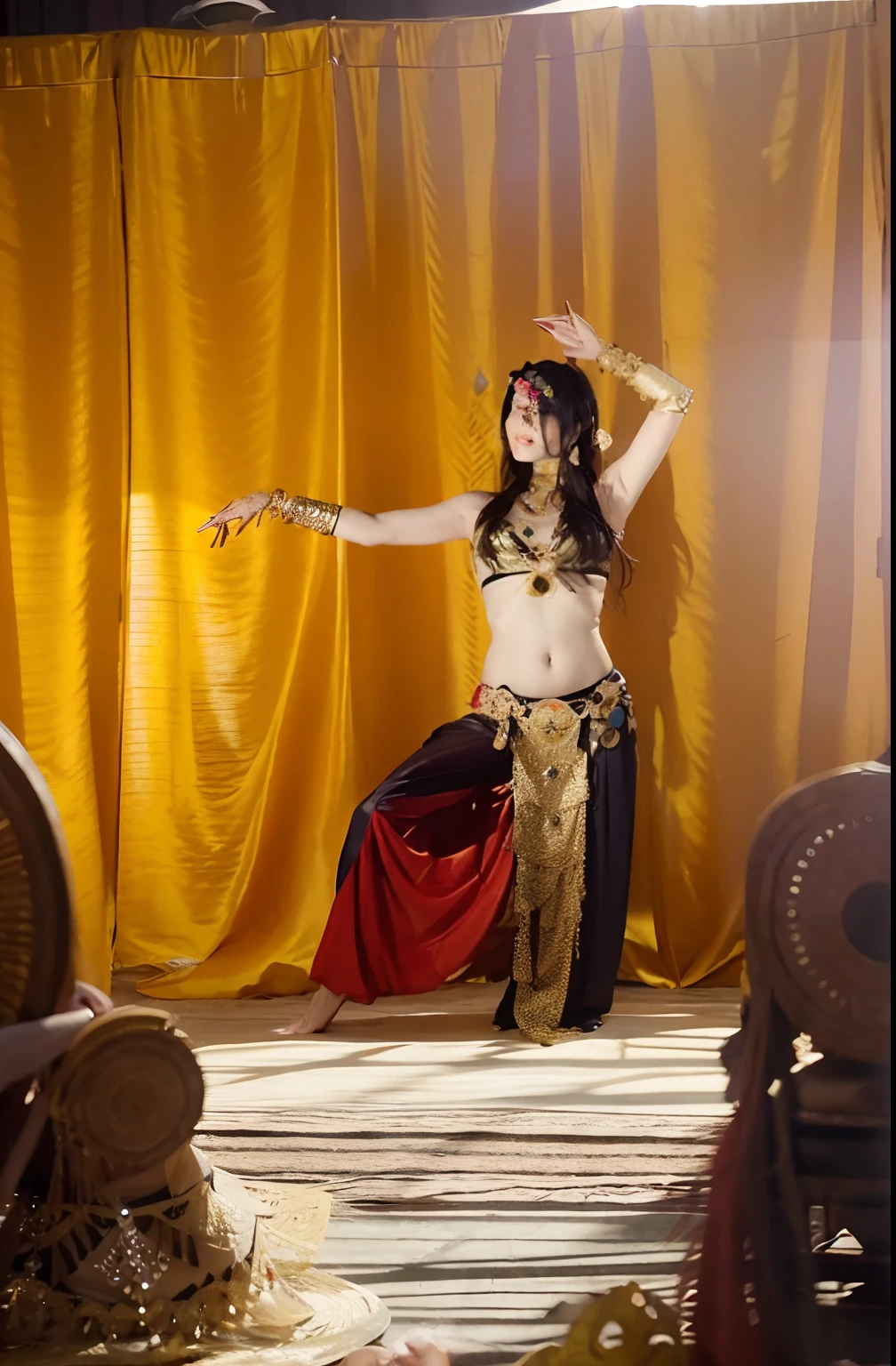 Alafe berry dancer in red pants and gold top, Belly dance, She is dressed as a belly dancer, Belly Dance Pose Gracefully, female dancer, dancer, David Burton Richardson, Arabian, orientalism, Hannah Tompkins, by Kathleen Scott, lower back, Samuel Scott, year 2447, Tribal dances, Beautiful