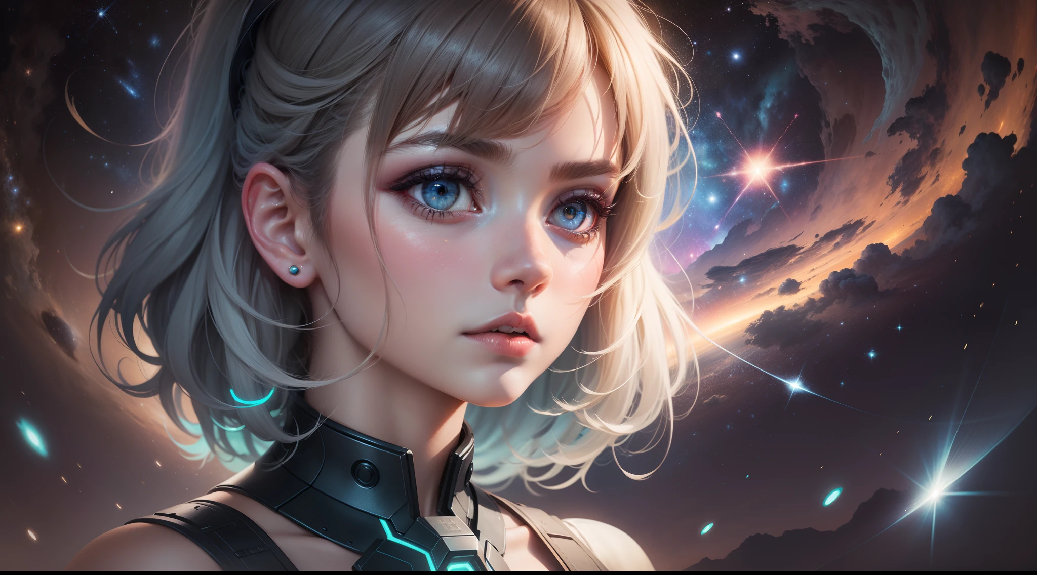 girl,radioactive glow,abstract art,character focus,eyes with reflection,starry sky,galaxies