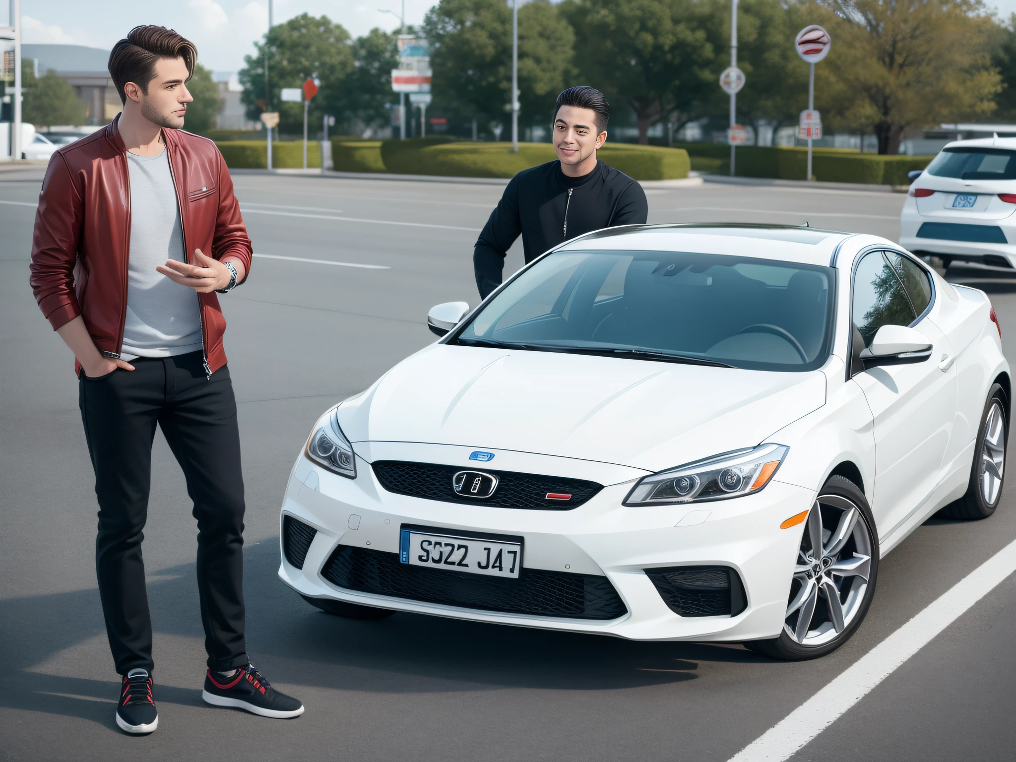 (Two men chatting),sface focus,Face the lens,sideways standing,Hands on the car,detailed face with,Casual wear,A car in the background,at the parking lot