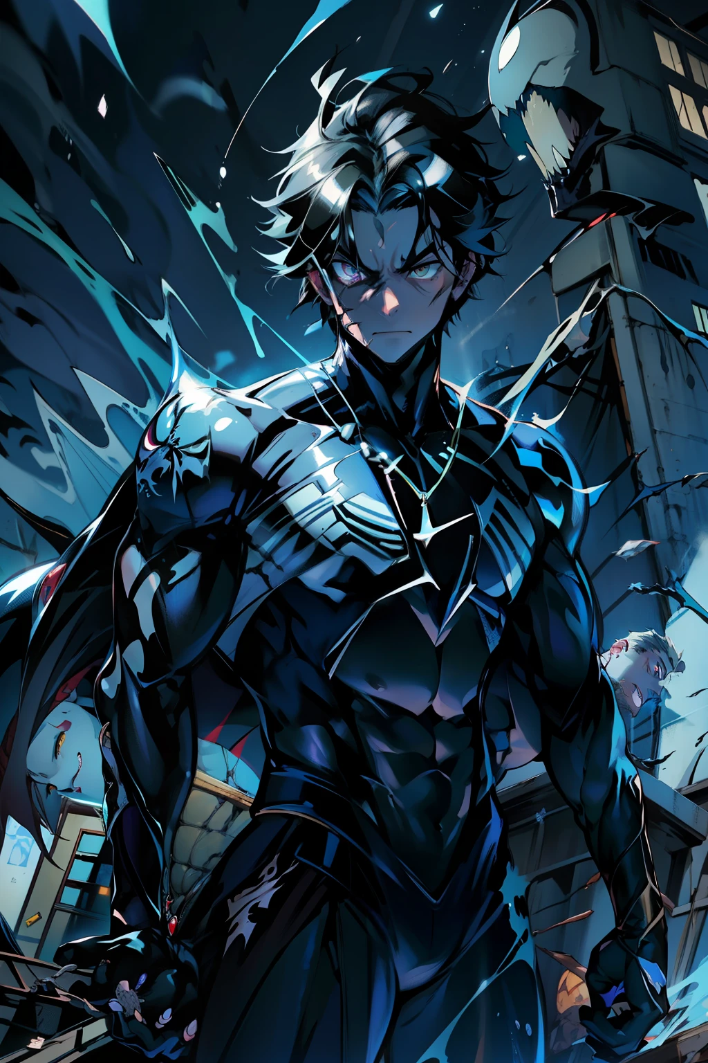 《the original god》Arataki Kazuto , male people, chest muscle, Sexy , Venom symbiote for your body, Black mucus of the body , into venom, venomize,Black bodysuit,(Cloak),Red cape,Abs,(Adult male)((Venom possession,venom symbiote)),over-Tortoise Man,Battle damage,((Masterpiece)), ((Best quality)), Ultra detailed,((illustration)), Dynamic Angle, Detailed light, (Delicate eyes), Floating, 1boy, Male focus, Head, Clothing, Yellow eyes, necklace, tattoo, (Forehead:0.8), (ahoge:0.8), jewelry, brunette color hair,apathy,Ray, chest muscle, Sexy , Venom symbiote for your body, Black mucus of the body , (into venom), Venom,frontage,Bust photo,White tight-fitting top,spiderman outfit,style of anime4 K, 4K anime wallpaper, Badass anime 8 K, 4 k comic wallpaper, young anime man, Anime boys, Anime wallpapers 4 k, Anime wallpaper 4K, High quality anime art style, Anime moe art style, Anime art wallpaper 8 K, Anime art wallpaper 4 K, RGB lighting,