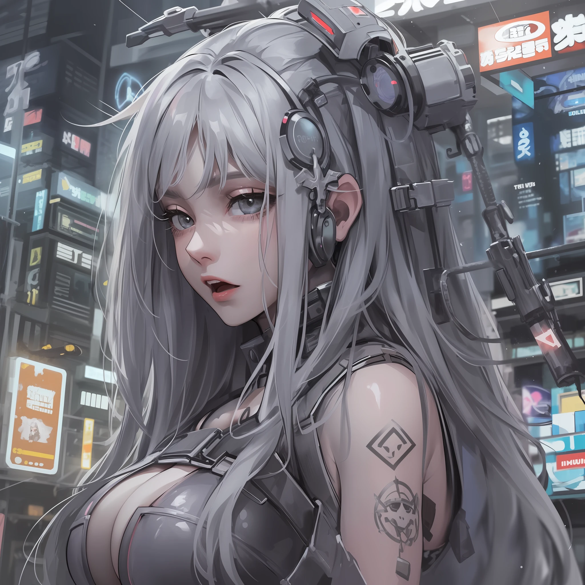 Girl in Cyber City、(Colossal tits、Long gray hair、Cool Face)