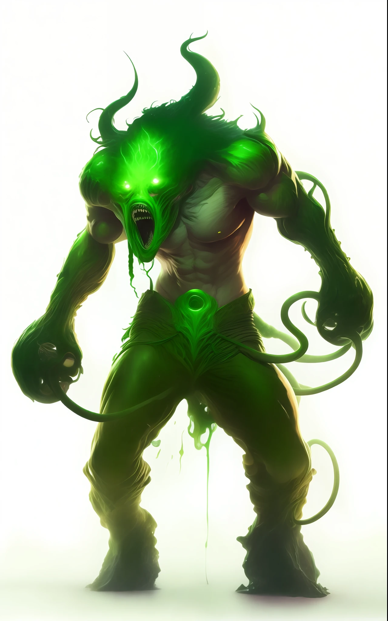 The Monster、kook、Green tentacles、Exhaling green liquid、Attacking a beautiful girl from behind、Attacking、Keep an eye out、well-muscled、Musculoskeletal augmentation々、thick arms、8K、Top image quality、high-detail