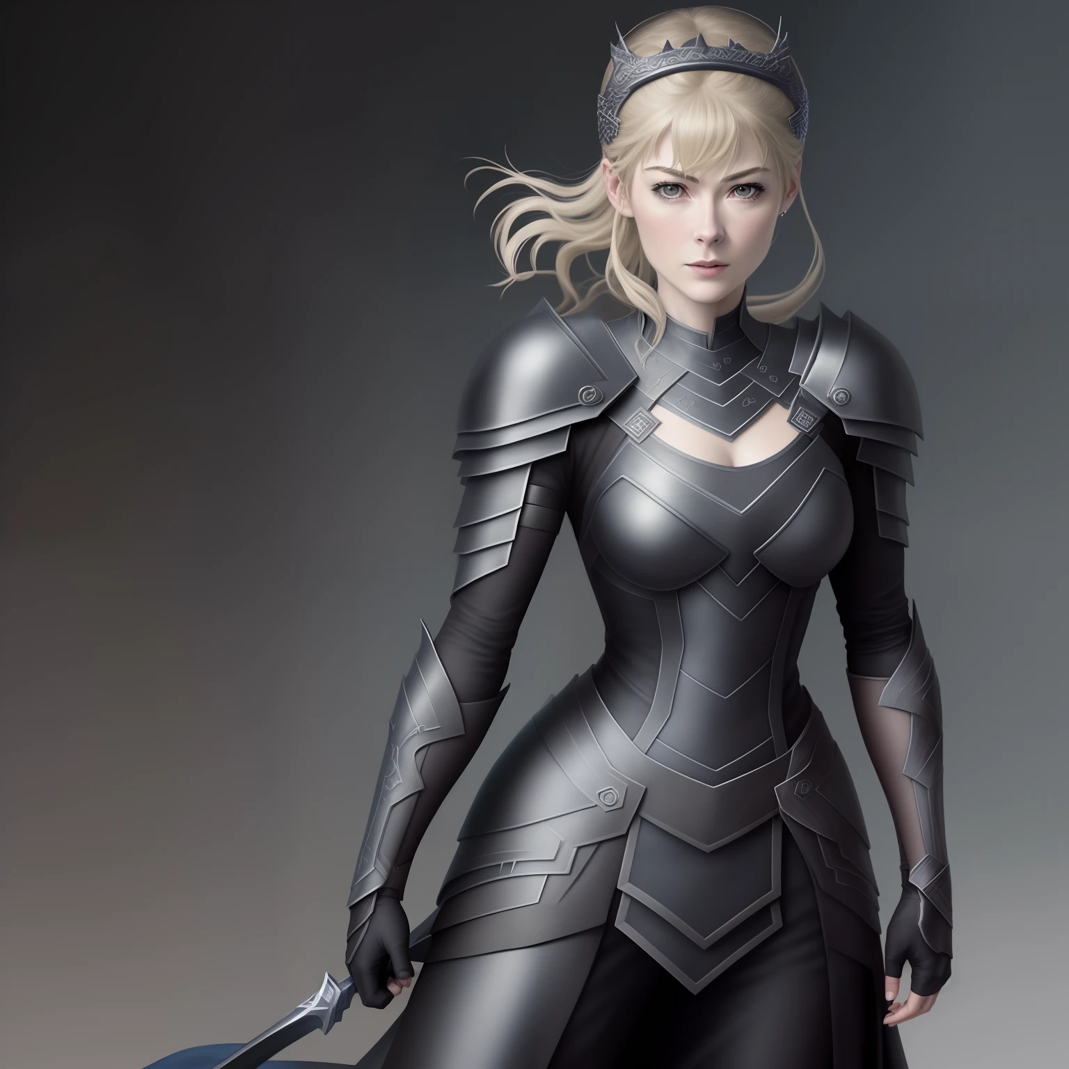 Anime de Rosamund Pike com peito pequeno e um traje colado preto estilo o da personagem hella de Ragnarok